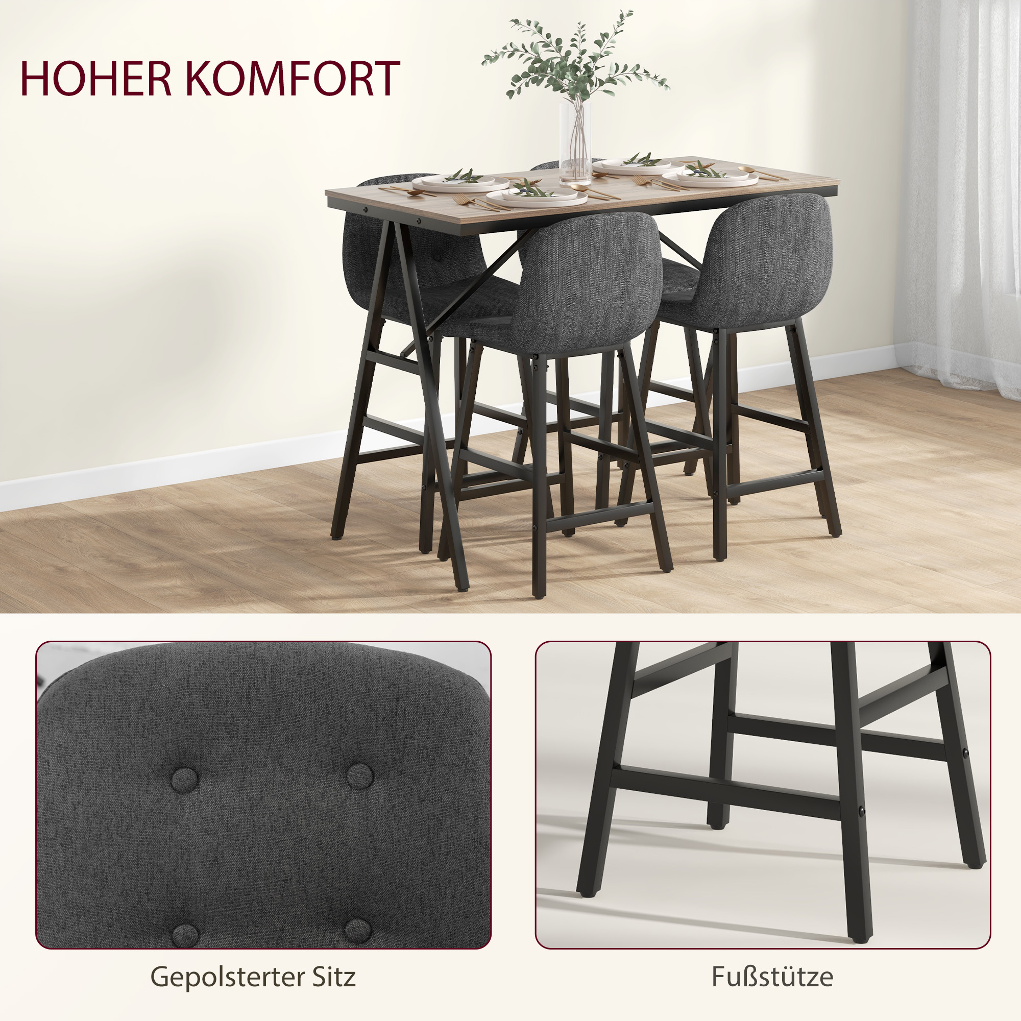 5-delige Bargarnituur, Tafel en 4 Stoelen, Knoopafwerking, Dikke Bekleding, Linnenlook, Donkergrijs
