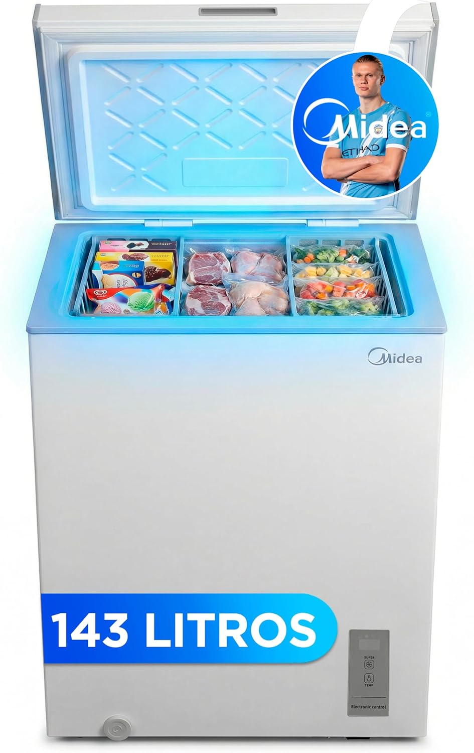 MIDEA Arcon Congelador Pequeño de 143L | Congelador Horizontal Convertible a Frigorífico con Motor Inverter, Control Electrónico de Temperatura, Cestas con Asa | Arcón Silencioso 37 db Bajo Consumo