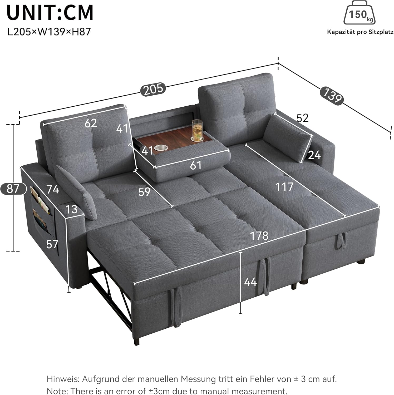 Modernes L-Sofa, modulares ausziehbares Schlafsofa mit Schlaffunktion, ausgestattet mit Stauraum, herunterziehbarem Getränkehalter, geeignet für Wohnzimmer, Heimkino (Grau)