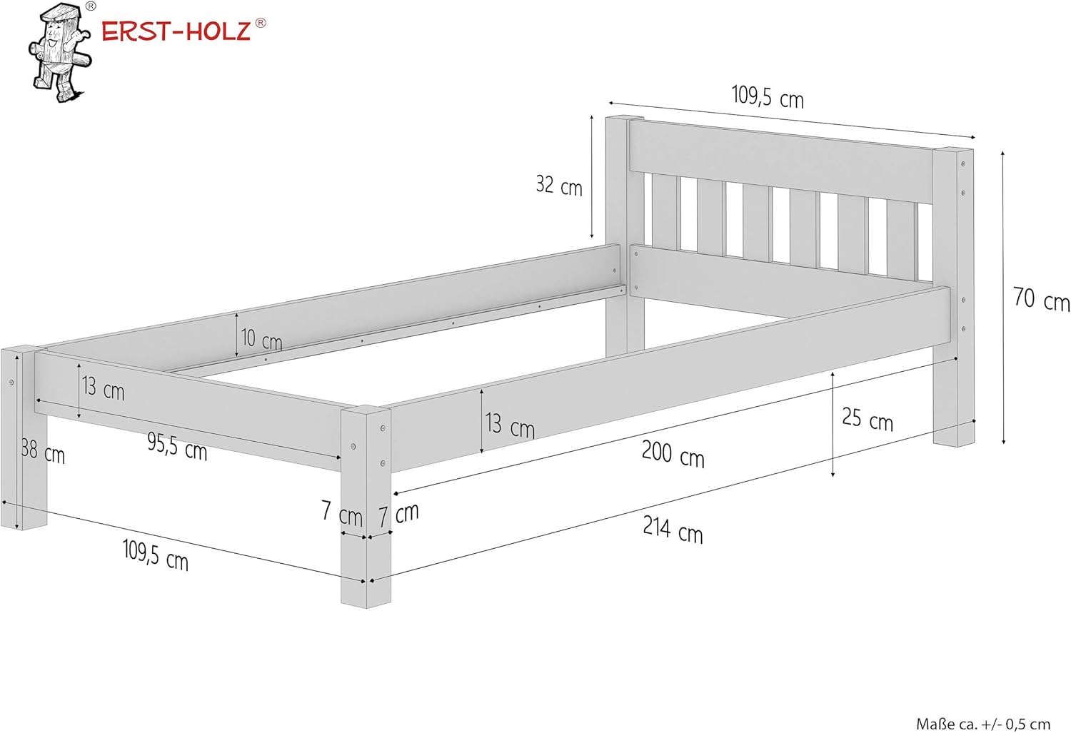 Erst-Holz®Massivholzbett Kiefer Natur 100x200 Einzelbett Futonbett Bettrahmen Rollrost 60.38-10