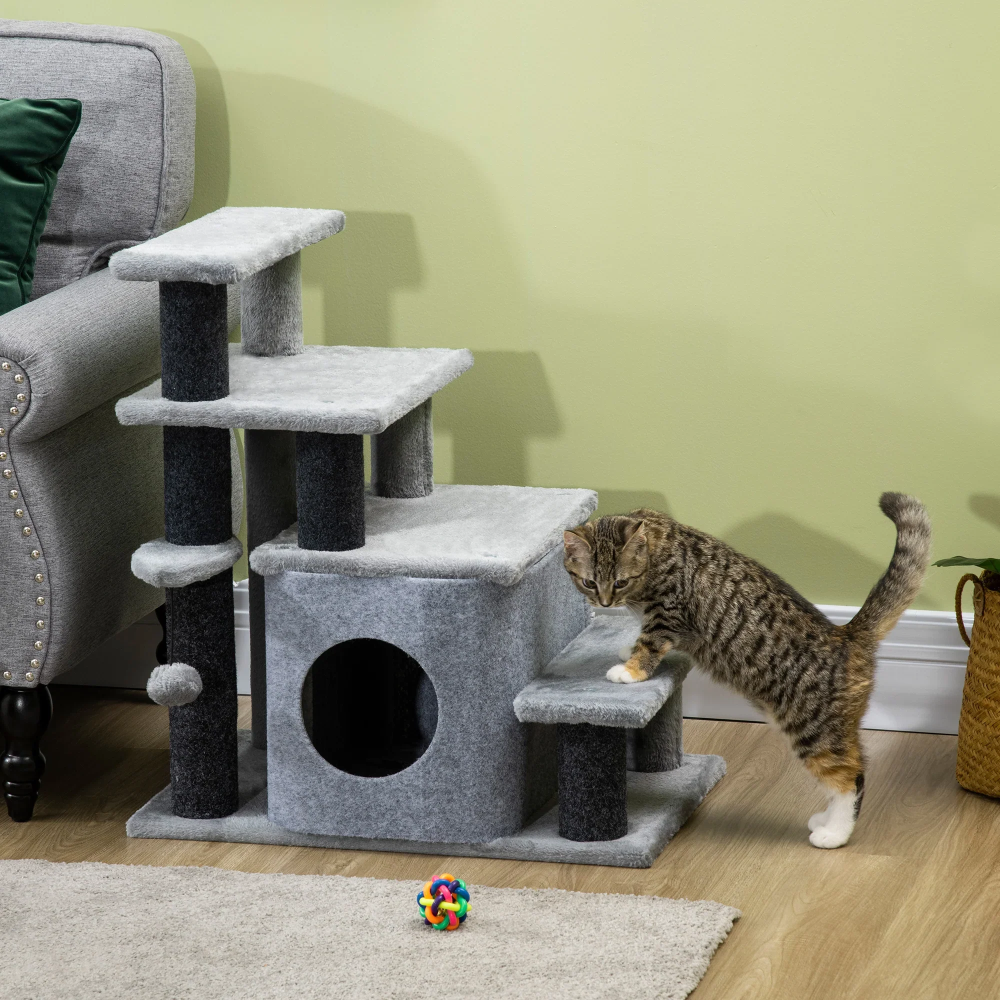 PawHut kattentrap in hoogte verstelbaar met krabpaal en huisje