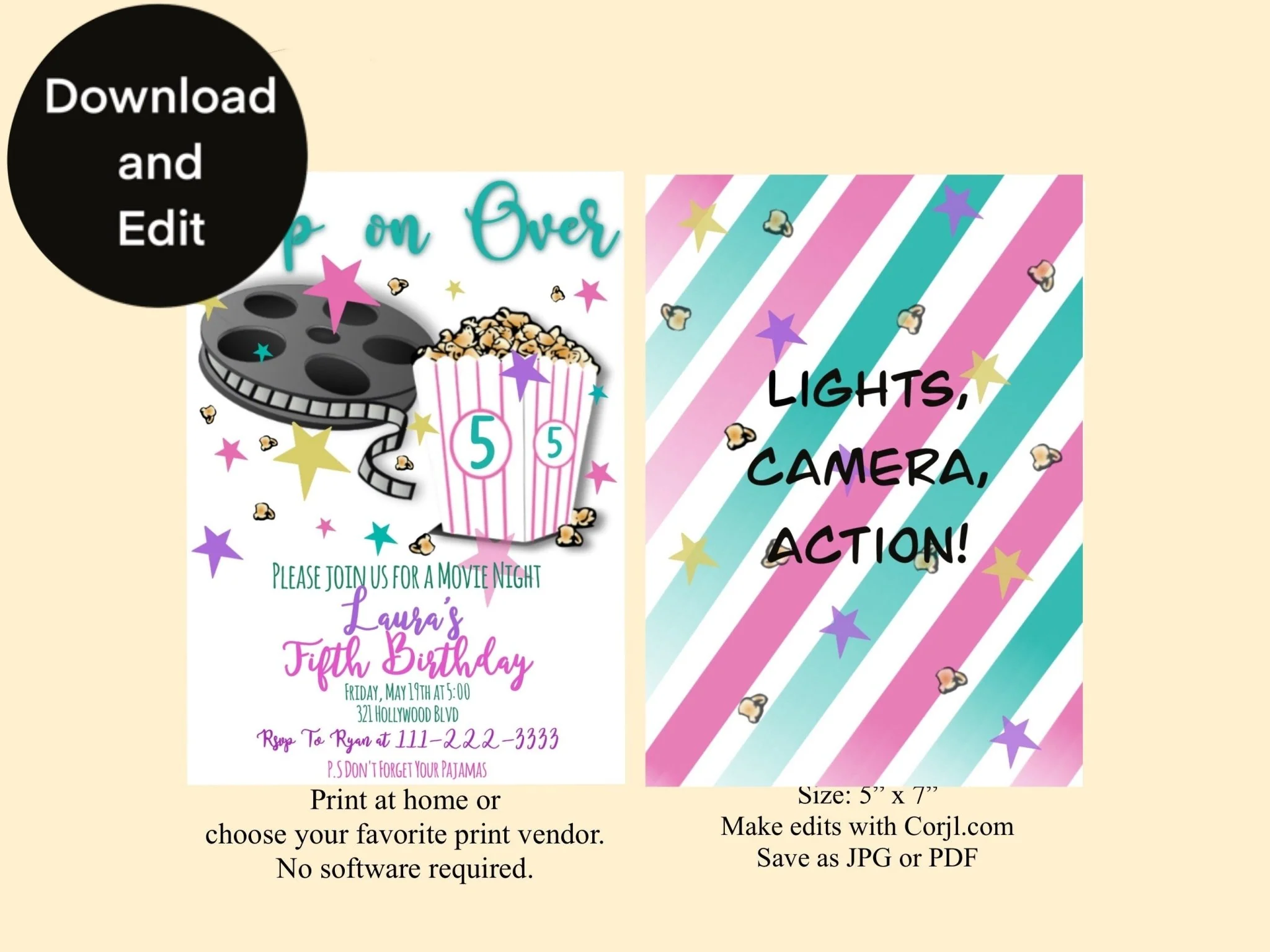 Movie Night Birthday Party Invitation Template | Birthday Digital Invitation Template | Movie Theme