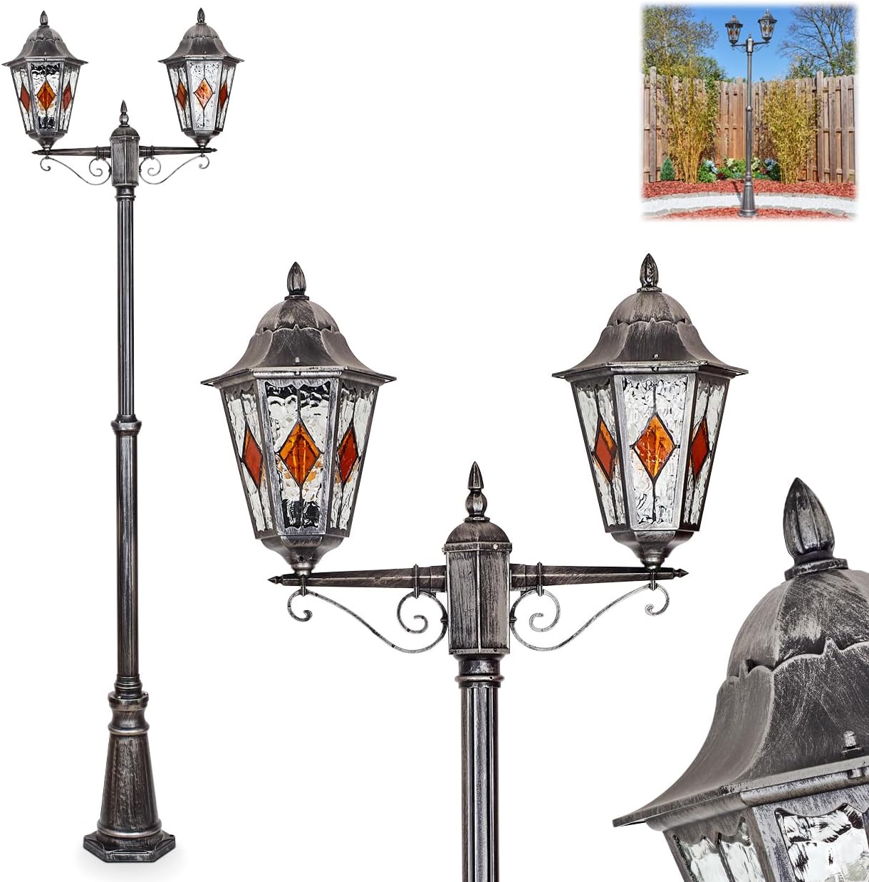 HOFSTEIN Kandelaber Lignac, Außenwegeleuchte aus Metall/Glas in Schwarz/Silber/Klar/Orange, Wegebeleuchtung 220 cm, 2 x E27, IP44, Wegeleuchte im Vintage-Design für Garten, Außenbereich, Hof