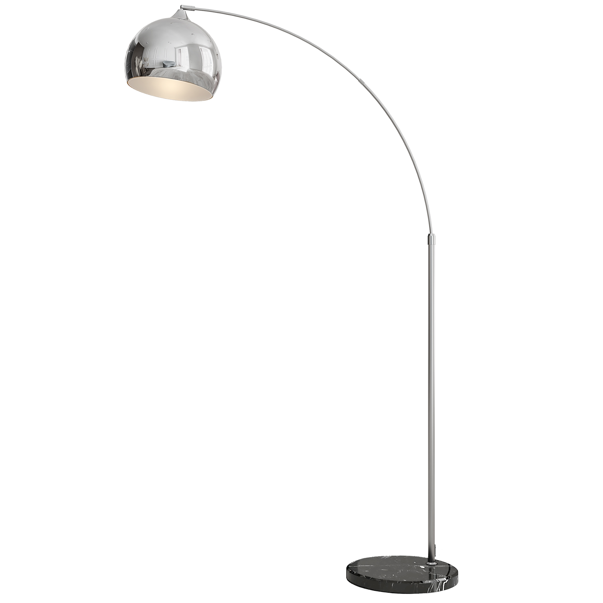 Booglamp, Staande Lamp, Verstelbaar, Voetschakelaar, Voet in Marmerlook, 170-180cm, Zilver/Zwart