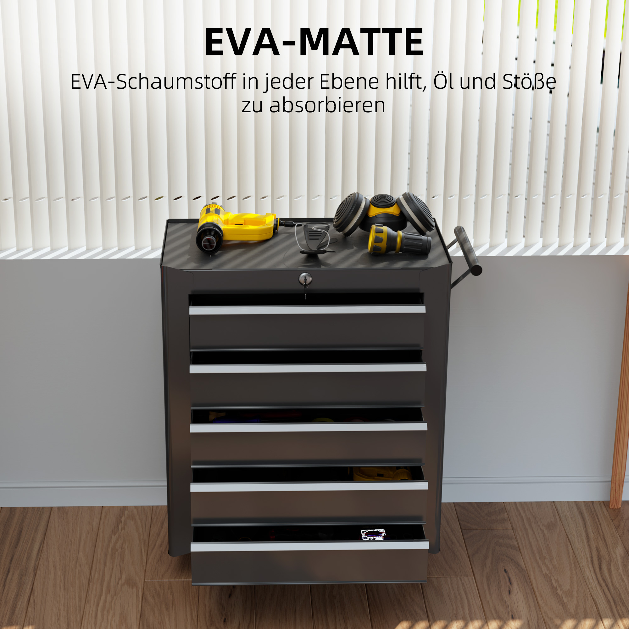 Gereedschapskist, Gereedschapskast, Rolbaar, 5 Laden, Staal, Zwart