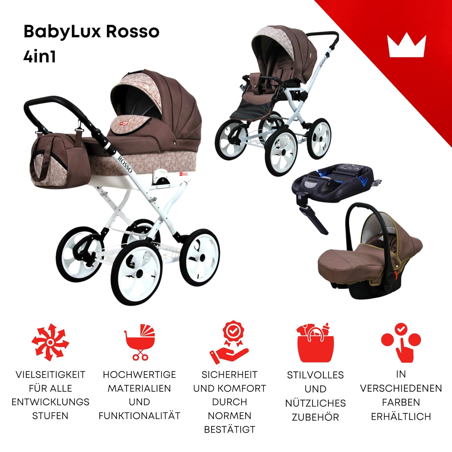 BabyLux® Bambimo Kinderwagen Set 2 in 1 - Rosso - incl. Babywanne, Buggy Sportsitz - Kinderwagenset - Kombikinderwagen mit Wickeltasche, Regenschutz, Moskitonetz, Cupholder usw.