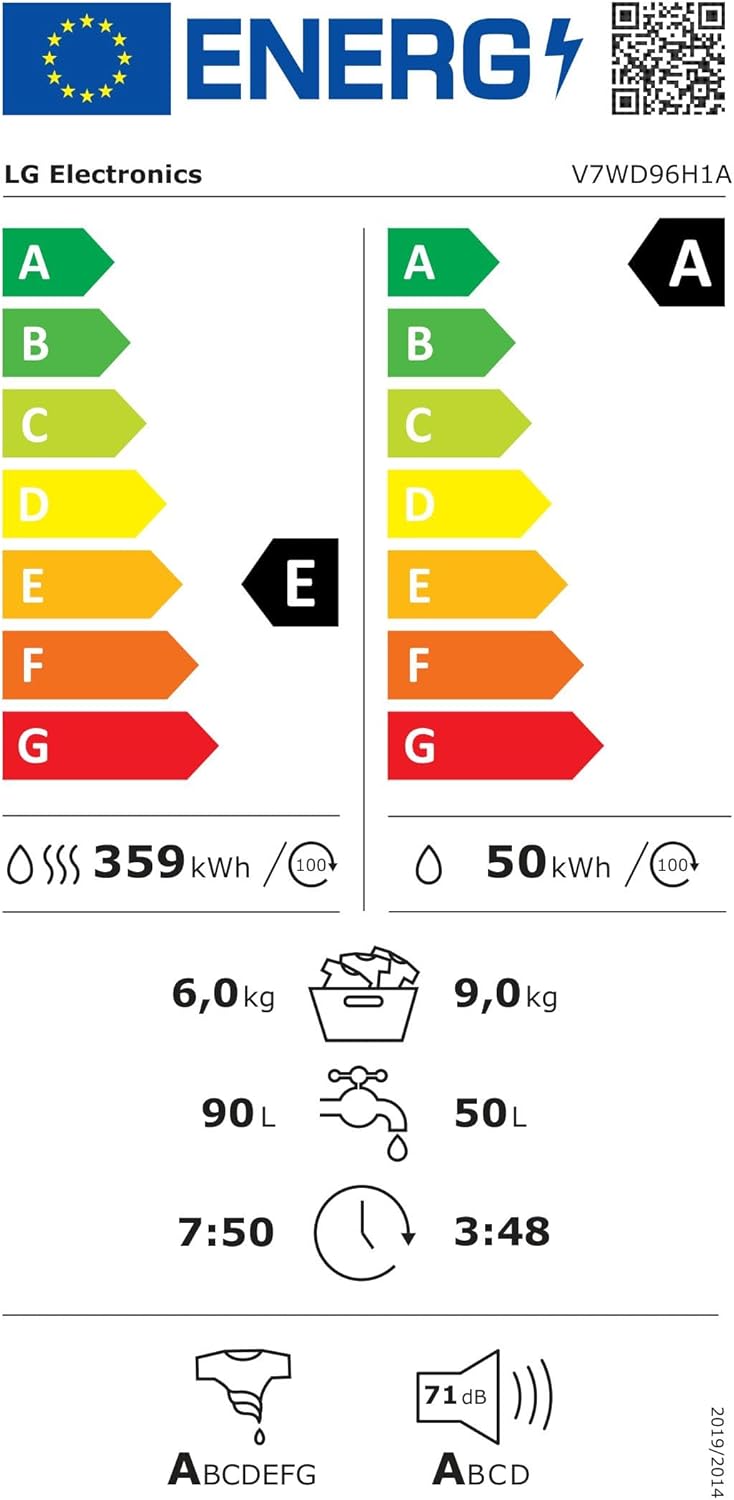 LG W4WR7096YB, Klasse D, Frontlader-Waschtrockner 9 - 6 kg, 62 x 60 x 85 cm, Wi-Fi, AI Direct Drive, Tiefenreinigung mit Dampf, TurboWash 360, Große Kapazität, Außentür aus gehärtetem Glas, Weiß