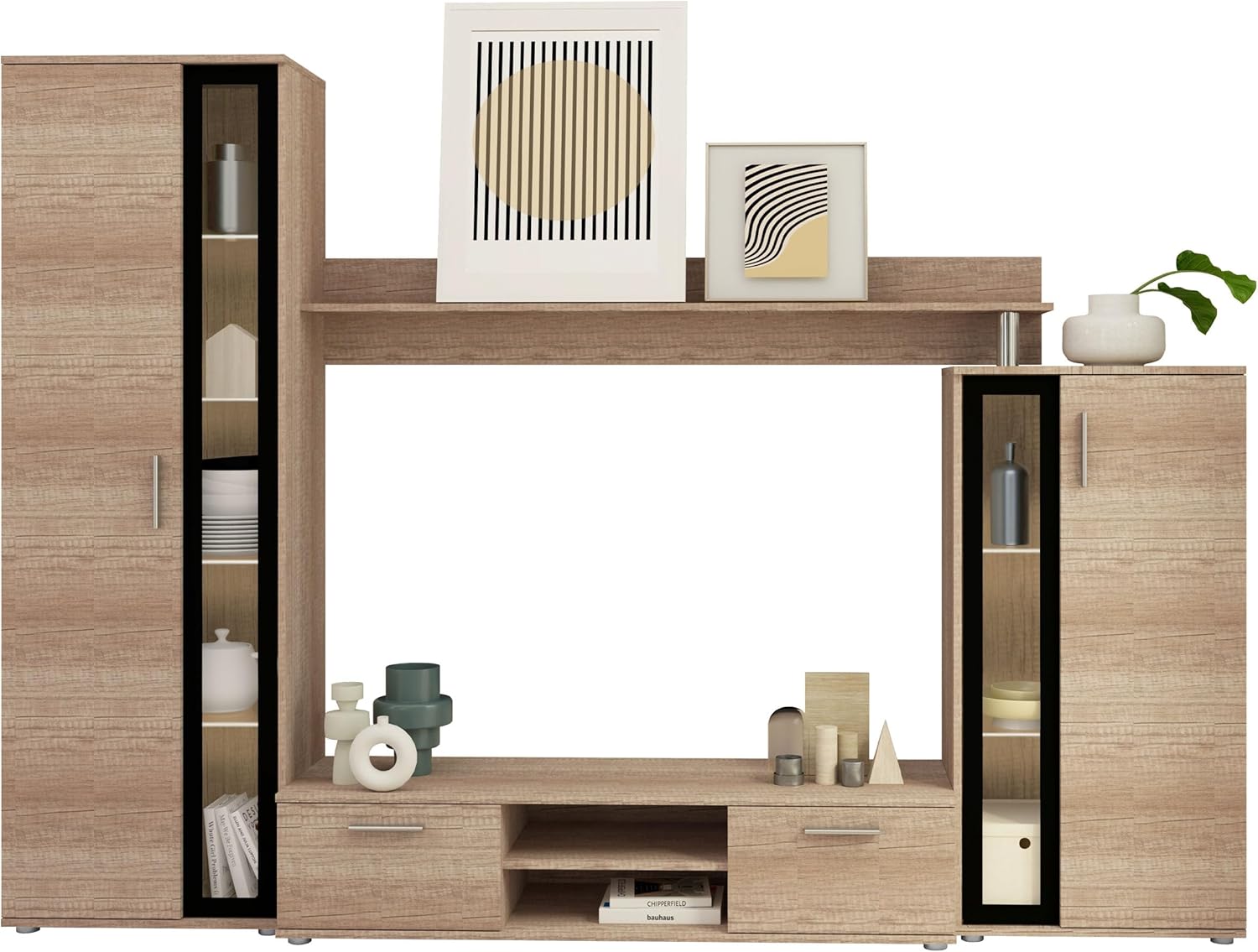 Mirjan24 Wohnwand Bentley, Praktische Anbauwand, Schrankwand, Mediawand, mit viel Stauraum, Top-Qualität (Country Oak Grey/Schwarz, mit LED Beleuchtung)
