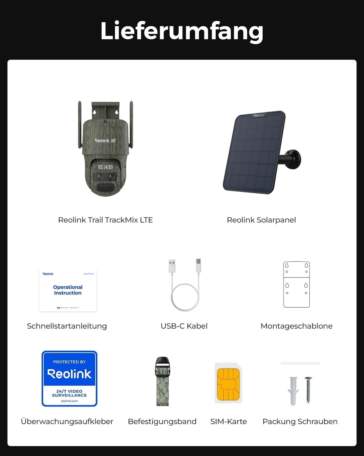 Reolink 4K 4G LTE Überwachungskamera mit SIM-Karte, Dual-Objektiv, Auto-Tracking, Wildkamera Solar Akku Ohne WLAN, 6X Hybrid-Zoom, No-Glow IR, IP65 für Wildtiere, TrackMix LTE Trail + Solarpanel