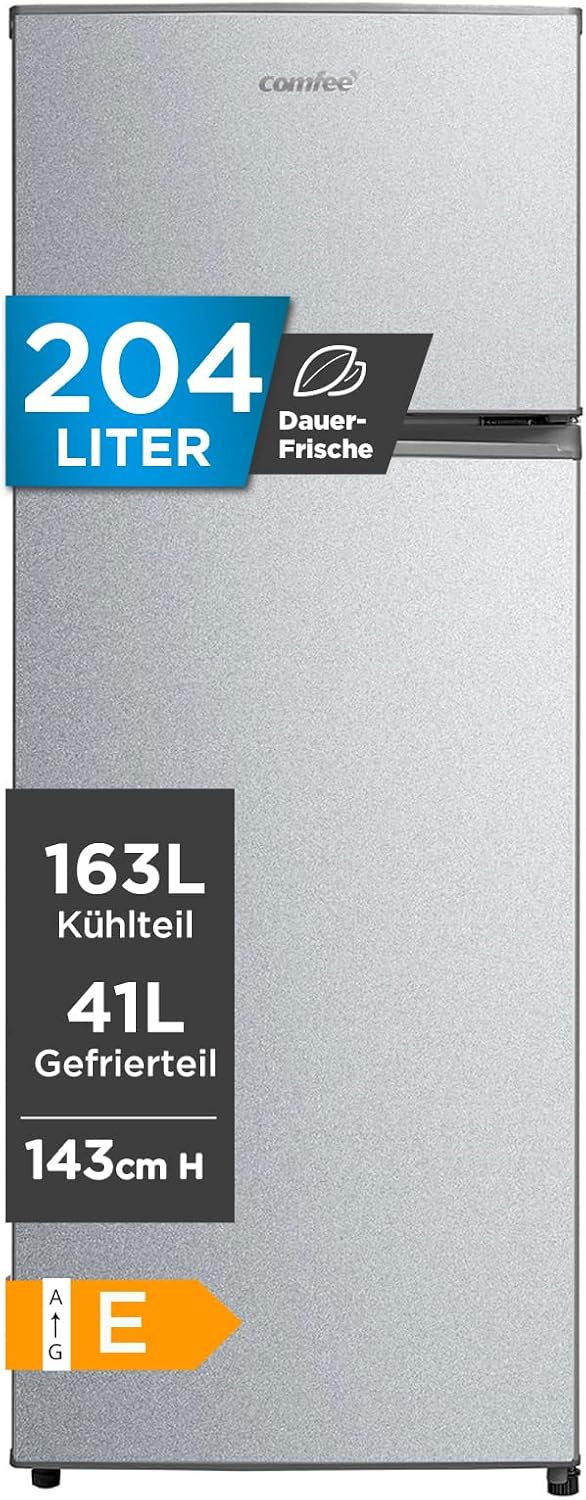 Comfee RCT284DS2 Kühl-/Gefrierkombination/Gefrierteil oben/176 kWh/Jahr/143cm Höhe/LED Licht/Reversibles Türscharnier/Silber