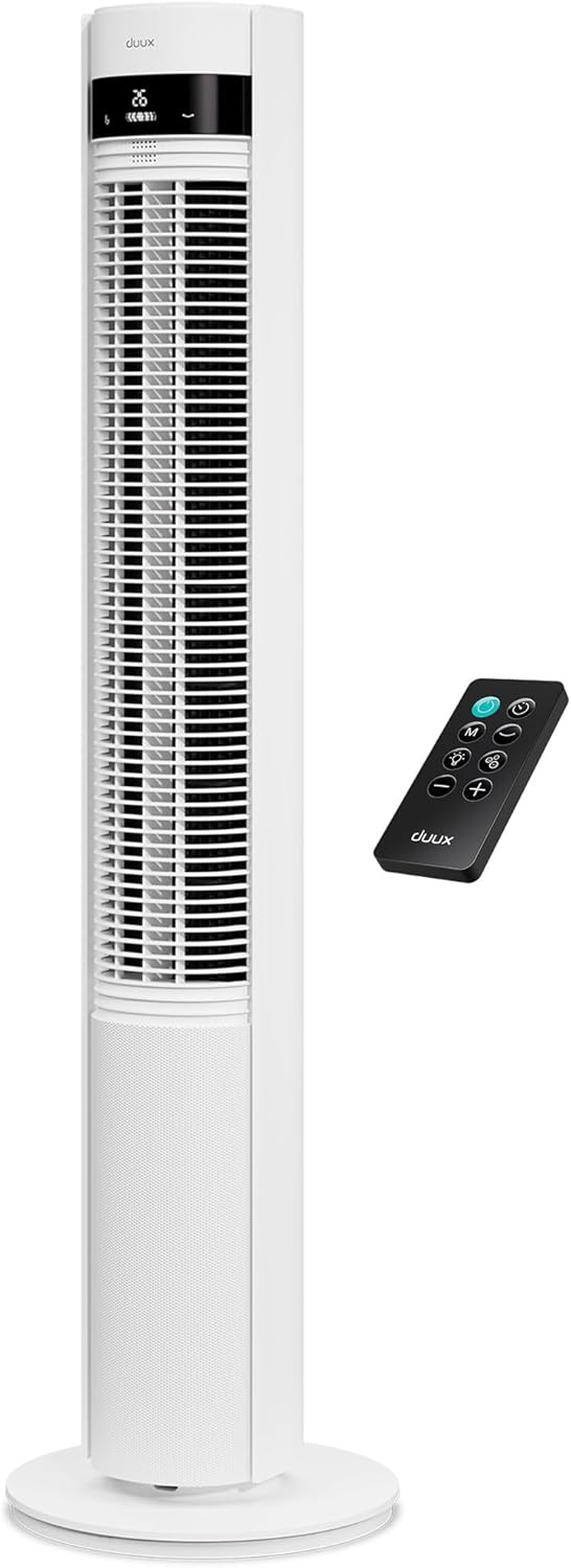 Duux Elevate Turmventilator – 12 Geschwindigkeitsstufen, 80° Oszillation, nur 25 dB, Ionisator, Timer (1–12 Stunden), Schlafmodus, Touchscreen & Fernbedienung – leise & intelligenter Ventilator für