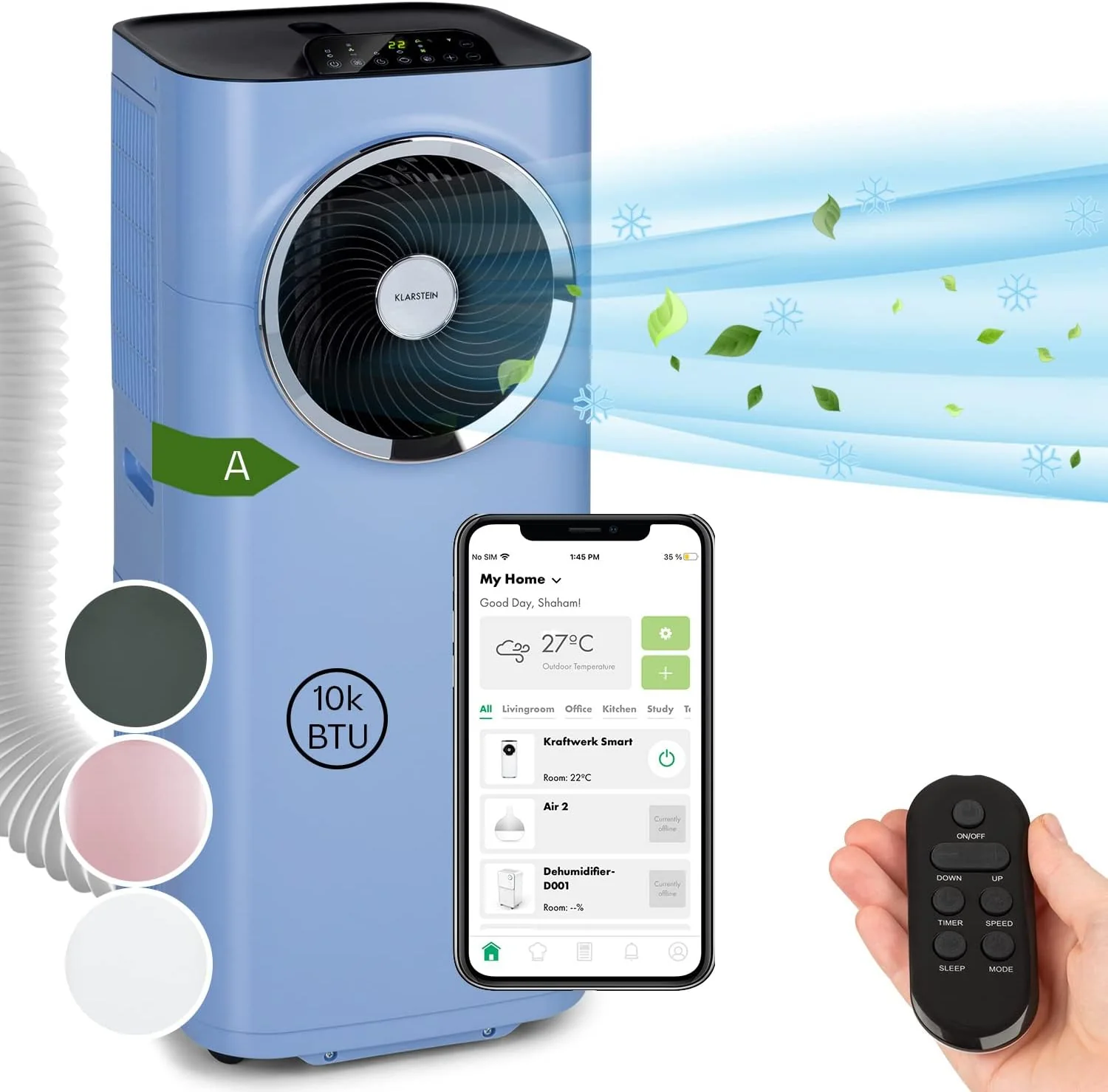 Klarstein Mobile Klimaanlage mit Abluftschlauch, 5-in-1 Klimager?t, Ventilator, Luftentfeuchter, Luftreiniger & Nachtmodus, App-Steuerung, Kleine & Portable, f��r Wohnung & B��ro, 12000 BTU