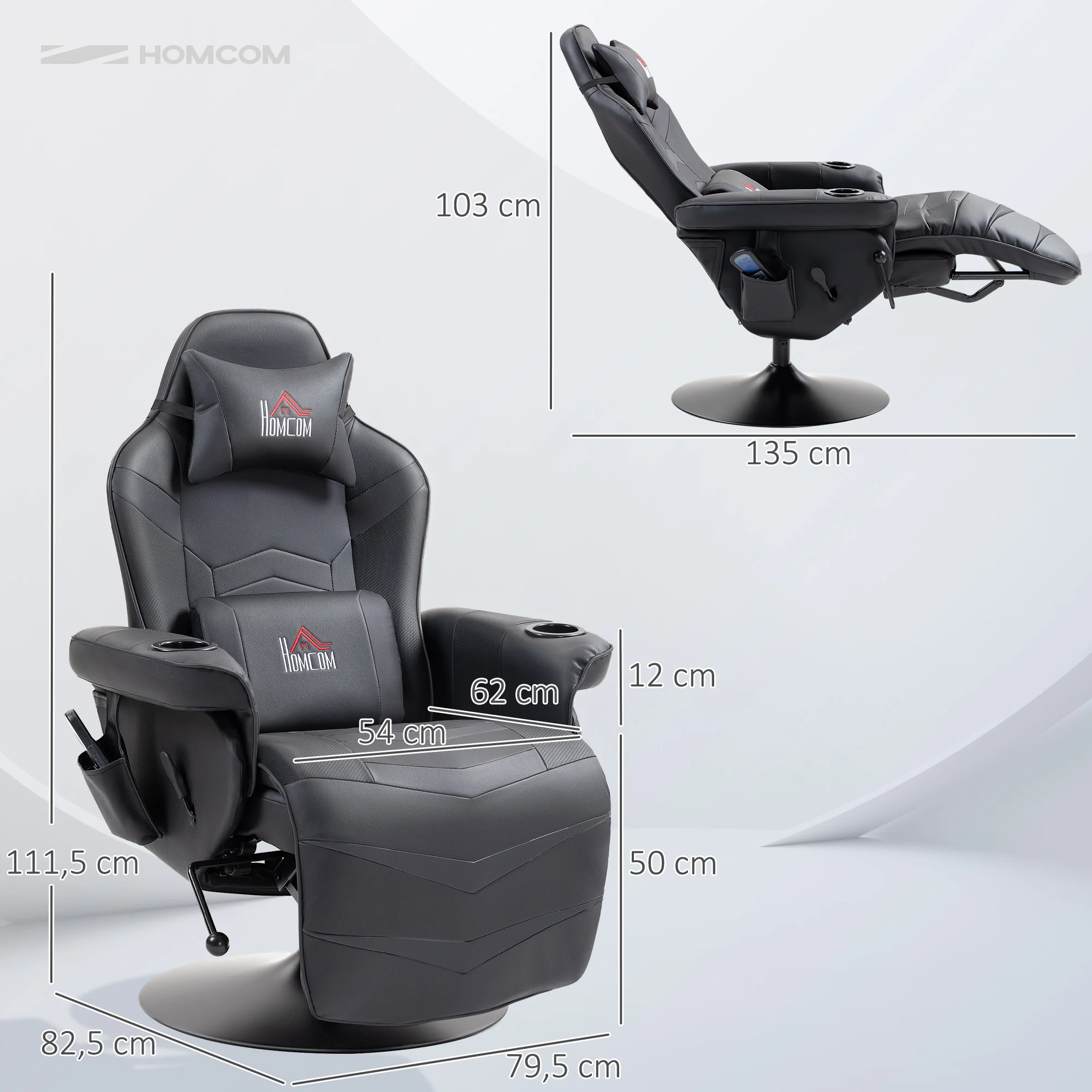 HOMCOM Gamingstoel, Massagefunctie, Kantelbare Rugleuning, Voetensteun, tot 120 kg, Stalen Frame, Kunstleer, Zwart