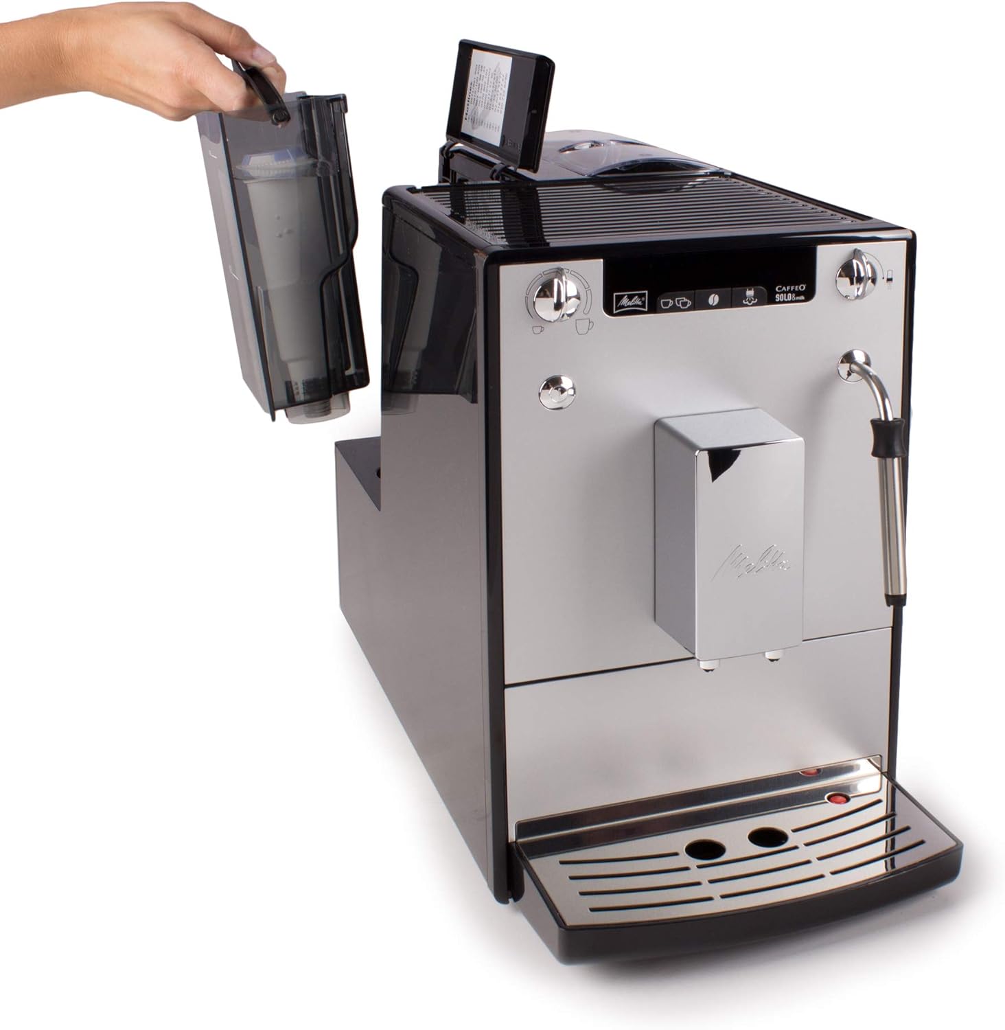 Melitta Solo & Milk - schlanker Kaffeevollautomat mit Milchaufschäumer, Kaffeemaschine mit abnehmbarem Wassertank, für z. B. Kaffee oder Cappuccino, silber