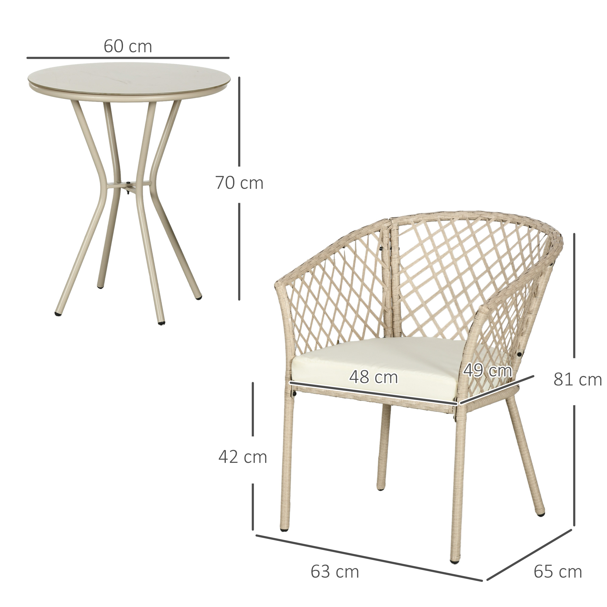 Rattan Tuinmeubelset, 2 Stoelen en Tafel, Gehard Glas Tafelblad, PE Rattan, Zitkussens, Metalen Frame, Khaki