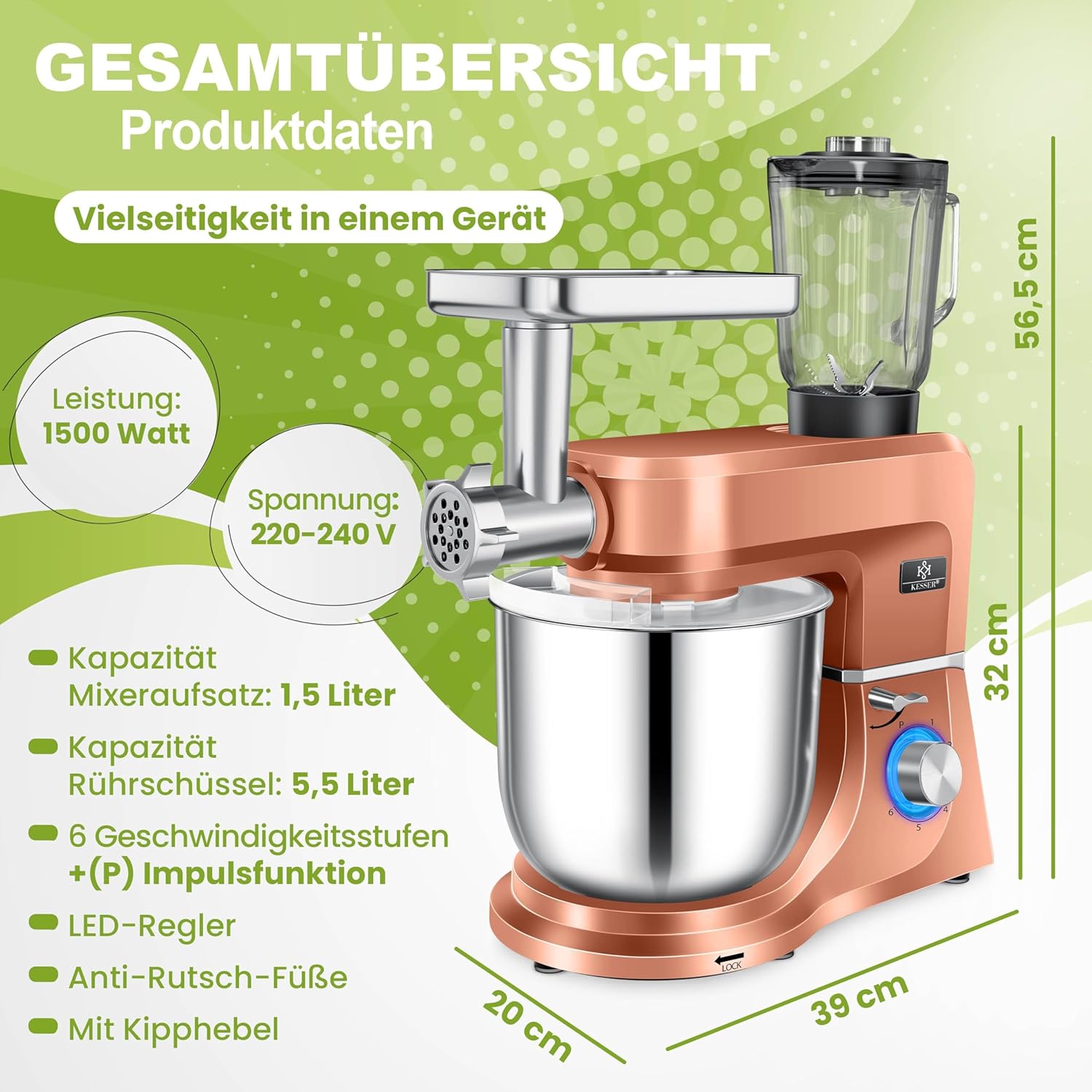 KESSER® Küchenmaschine 3in1 mit Fleischwolf & Mixer, 1500W Knetmaschine 5,5L Rührschüssel + Spritzschutz, 6 Geschwindigkeiten, Knethaken, Schneebesen, Rührhaken & Raspeln, Backen & Kochen, Kupfer