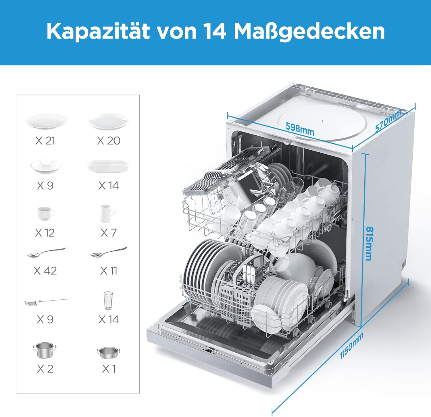 Midea Geschirrspüler Unterbau MDWEU1435XSS-W, 14 Maßgedecke, Spülmaschine 60 cm Teilintegrierbar mit WIFI, Extra Trocknung, 7 Programme, 47dB, 0-24h Startzeitverzögerung, Inox
