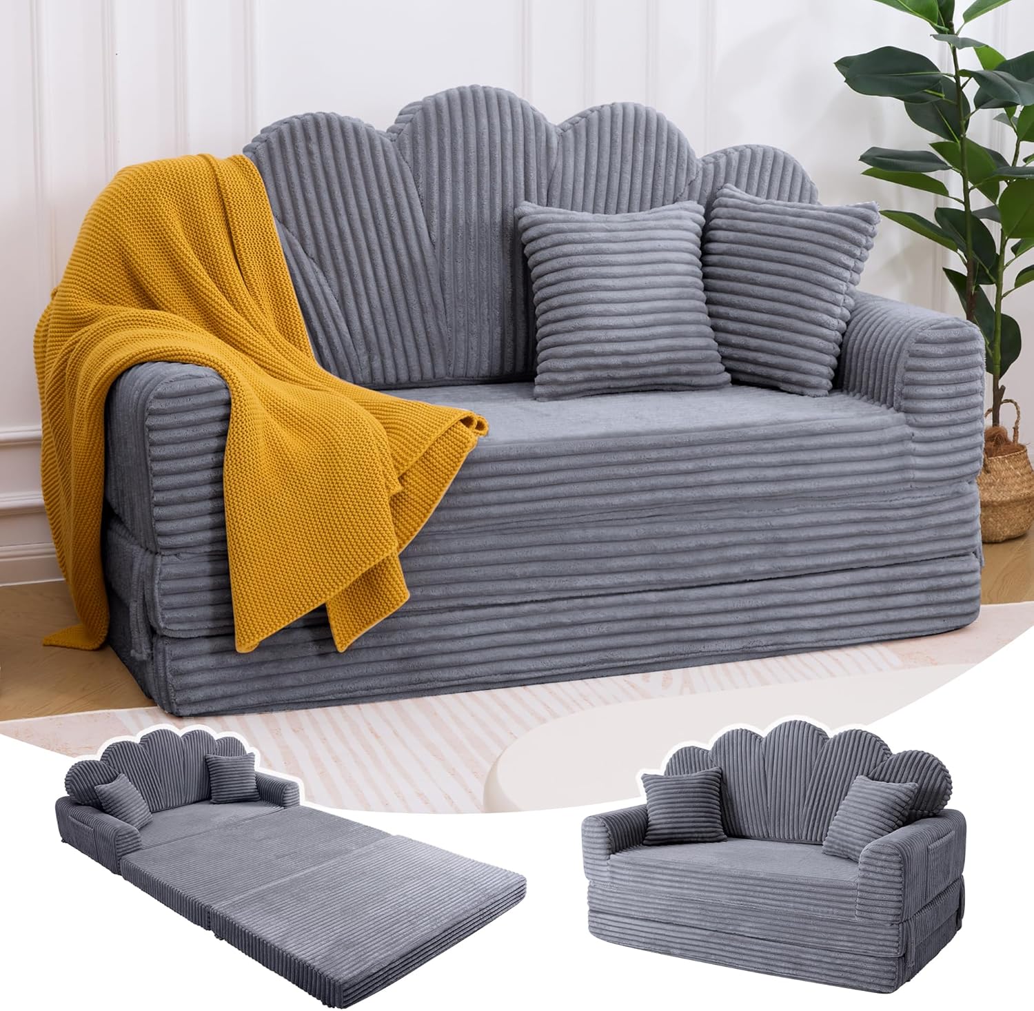 IRONCK Schlafsofa 2-Sitzer Sofa mit Schlaffunktion Boneless Sofa Bed aus Cord & Schaum, Sofabett 153x267cm, Klappbar Schlafcouch, 2 Kissen & Seitentaschen, Bettsofa für Wohnzimmer Schlafzimmer, Grau