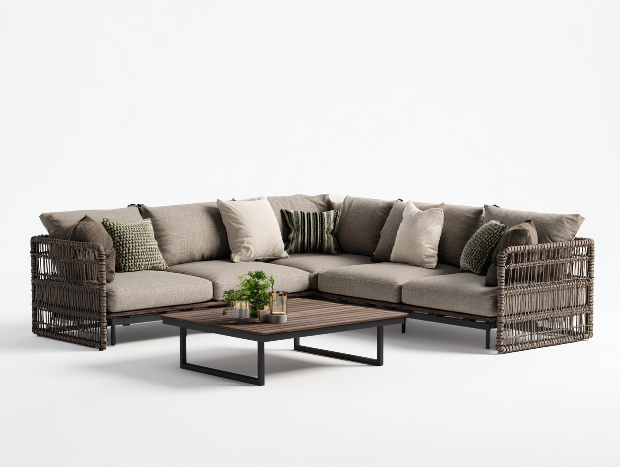 Gartensofa Ecksofa Set mit Tisch Polyrattan und Metallgestell 230x230x75 cm - Braun und Beige - Modernes Lounge Design