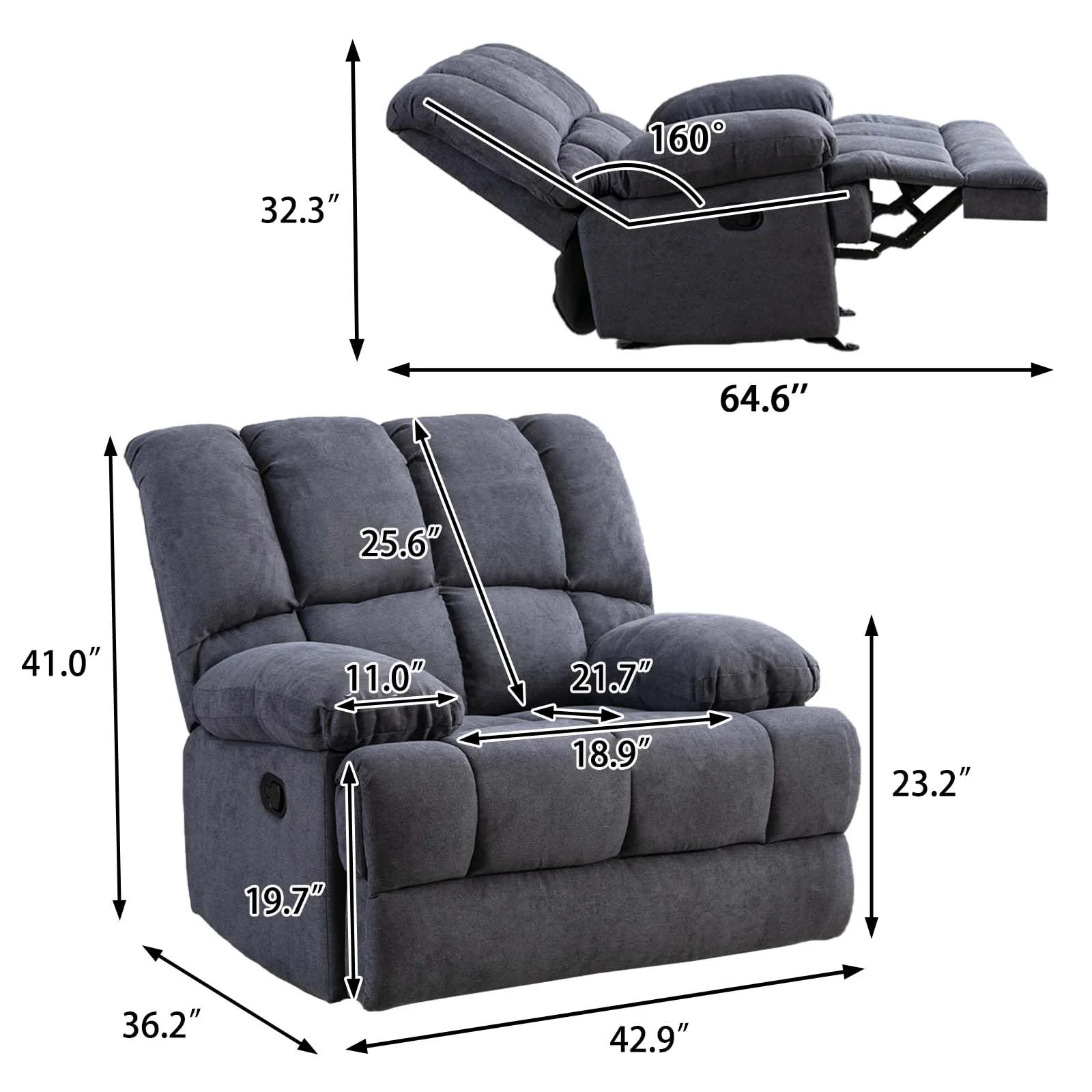2025 Sillón mecedor sobredimensionado, sillón reclinable manual simple, sillón tapizado acolchonado, sillón mecedor para sala, asiento de teatro talla grande, gris