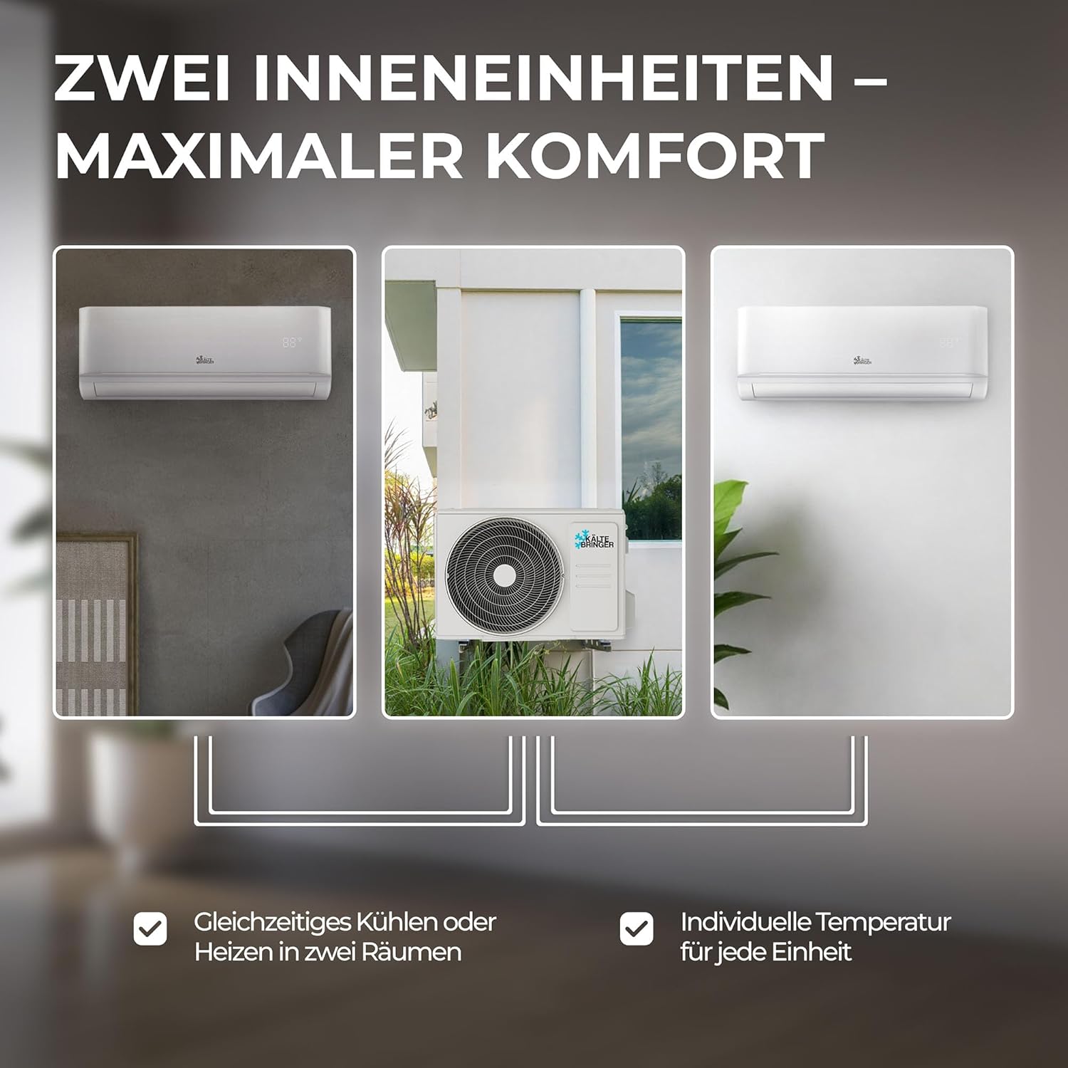 Kältebringer Multisplit Klimaanlage 2 Innengeräte - 18000 BTU - 5,3 kW - Inverter Klimagerät mit Heizfunktion, WiFi und App - sehr leise & energiesparend - Kühlen, Heizen, Lüften, Entfeuchten