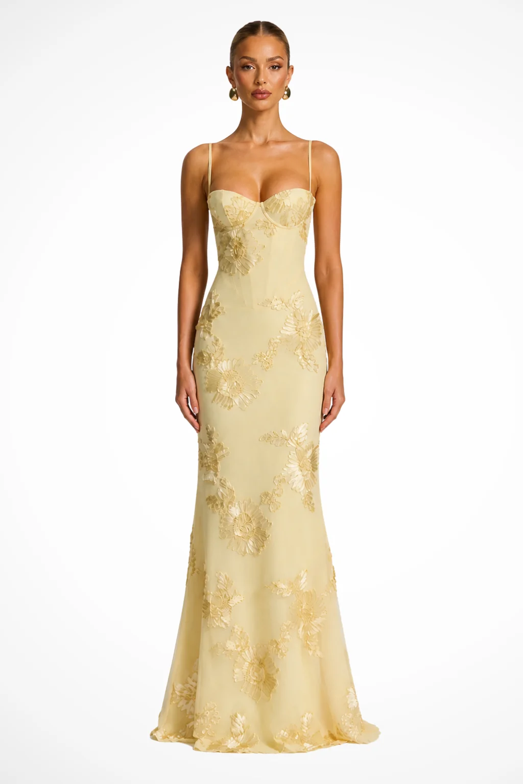 Damen Maxikleid f��r Hochzeitsg?ste mit floraler Stickerei und Corsage, festliches langes Kleid mit schmalen Tr?gern