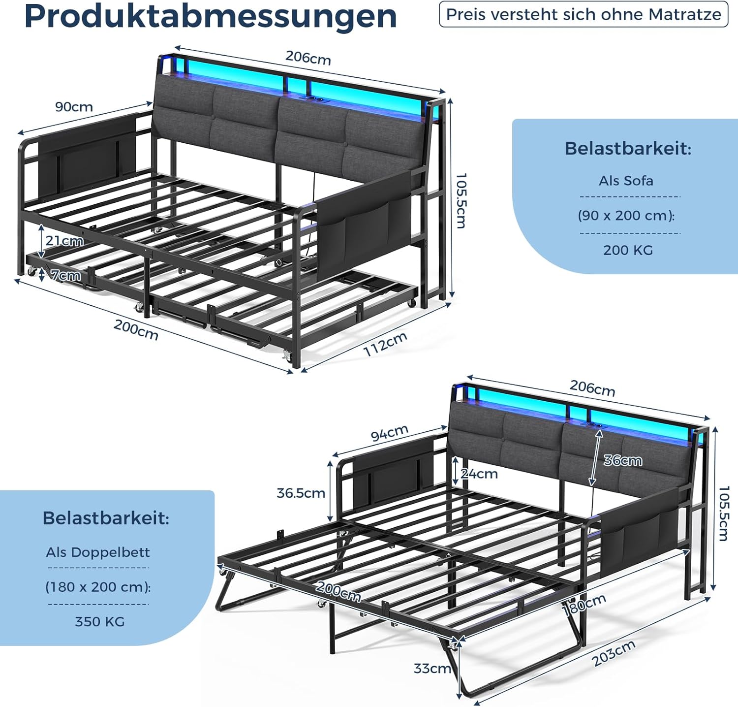 Brinlawb Schlafsofa mit Ausziehbett, Tagesbett 90x200(180x200) cm, Tagesbett Ausziehbar mit LED Beleuchtung und Ladestation (2 AC-Steckdosen, 2 USB-Anschlüsse) Einzelbett und Doppelbett, Gästebett