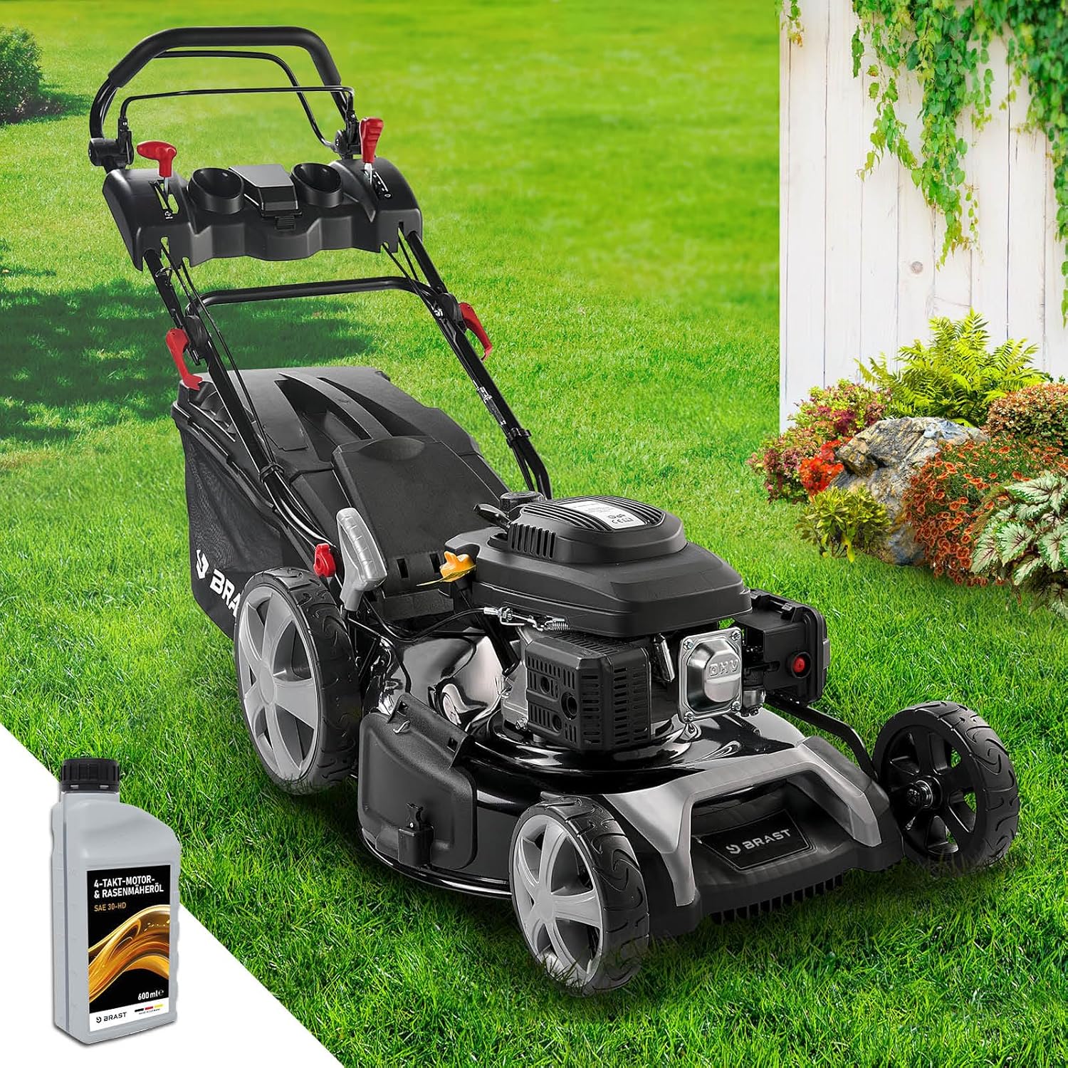 BRAST Benzin Rasenm?her mit Antrieb | 5,2kW (7PS) | 55cm Schnittbreite | viele Modelle | T��V | 30-80mm Schnitth?he | 60L Fangkorb | 4 Takt OHV Motor | Stahlgeh?use | Power