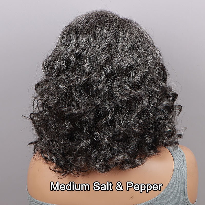 Dark Brown with Gray Water Wave Bob Human Hair Wigs Glueless 5×5 Lace Wigs