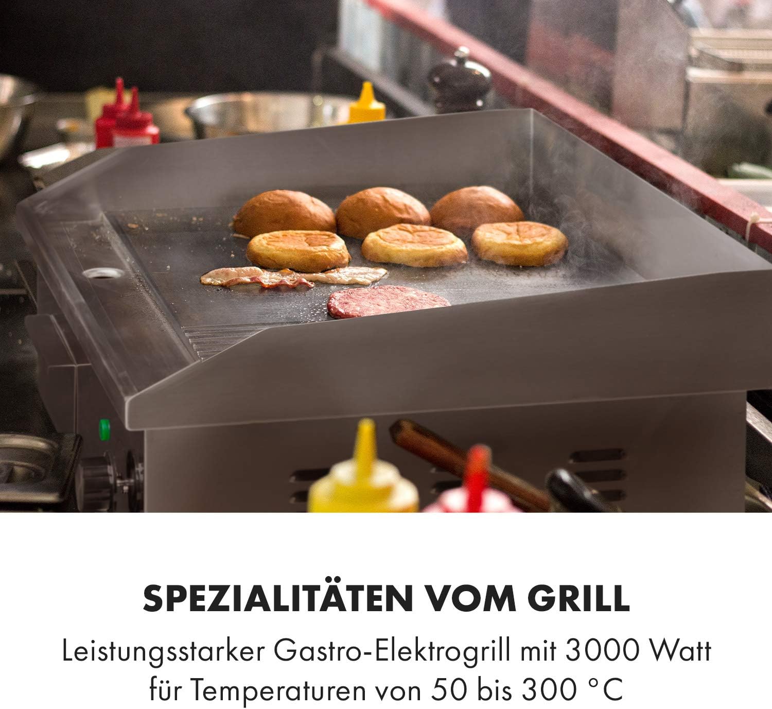 Klarstein Elektrogrill, Grillplatte, Elektrische Grillplatte, Tischgrill, Elektrogrill aus Edelstahl, Spritzschutz & Auffangbehälter, Glatte XL Grillfläche: 54,5x35 cm, Stufenlos 50-300 °C, 3000 Watt
