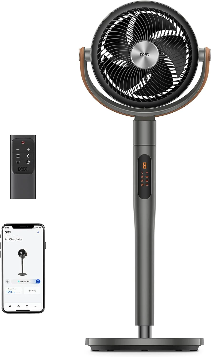 Dreo Smart Fan for Bedroom. 120掳+105掳 Omni-directional Oscillating Standing Fans with Remote. 100ft Quiet Floor Fan for Room. Wi-Fi/Voice/Alexa. 6 Modes. 8 Speeds. 37-43'' Height. 12H Timer. DC Motor