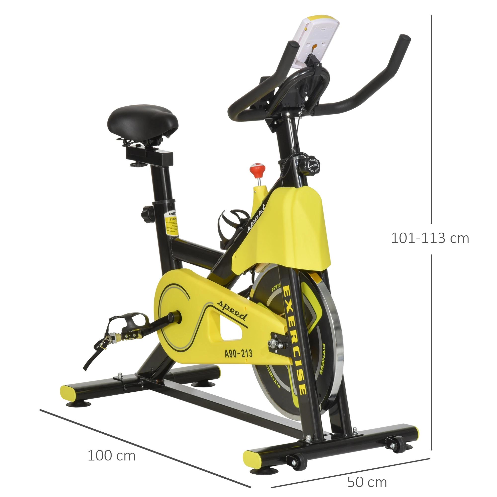 fietstrainer in hoogte verstelbare hometrainer fitness fiets rollertrainer met riemaandrijving LCD display staal ABS geel + zwart 50 x 100 x 101-113 cm