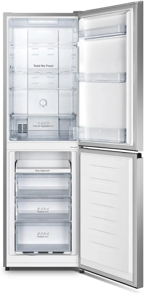 Hisense RB327N4ADD Koelvriescombinatie, EEK D, Total NoFrost, Verwisselbare Deurscharnieren, Flessenrek, 171 Liter Koelgedeelte, 85 Liter Vriesgedeelte, Roestvrijstalen look