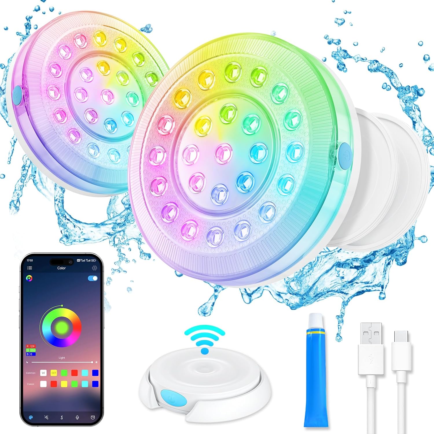 Homly Wiederaufladbare Tauch-Pool-Lichter mit kabelloser App-Steuerung, wasserdichte intelligente Unterwasser-LED-Lichter, gesteuert mehrere Beleuchtungsmodi, 4000 mAh Magnete, Lichter für