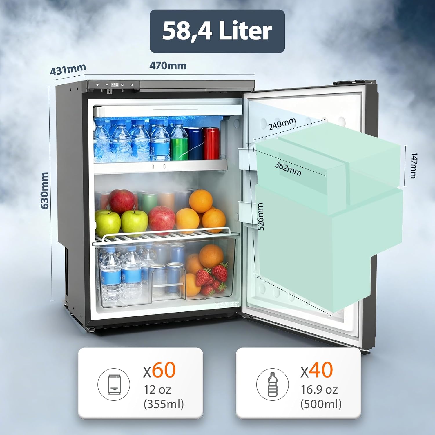 CR65S 59L, Frigo 12V Camping Car Porte Réversible,Réfrigérateur Silencieux pour Camping Voiture Chambre Caravane, Noir, -20℃ BIS 20℃