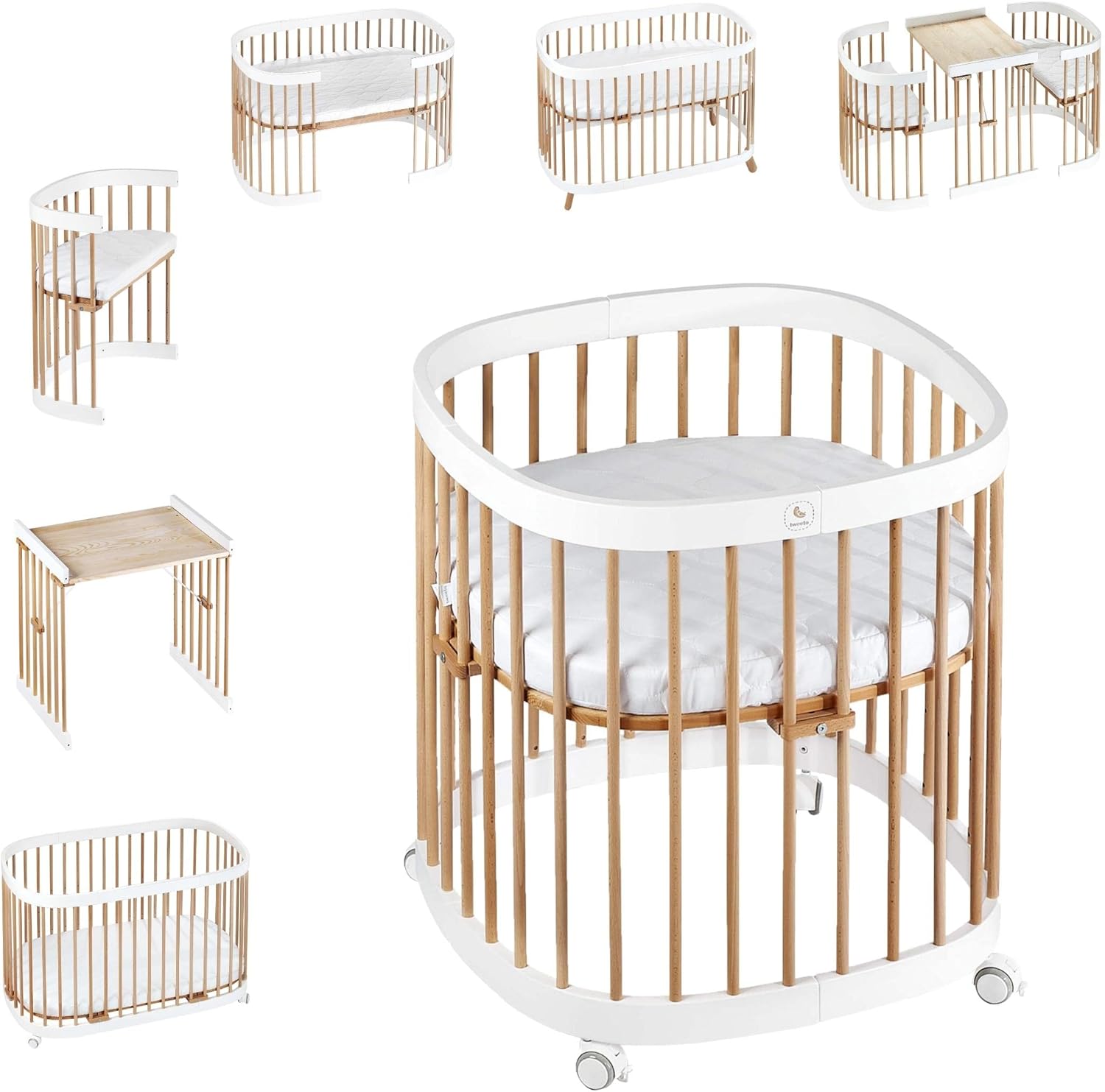 tweeto® Babybett 7 in 1 – mitwachsendes Babybett aus Holz | höhenverstellbares Beistellbett & Gitterbett | umbaubar zu Kinderbett & Laufstall (Buche Natur)