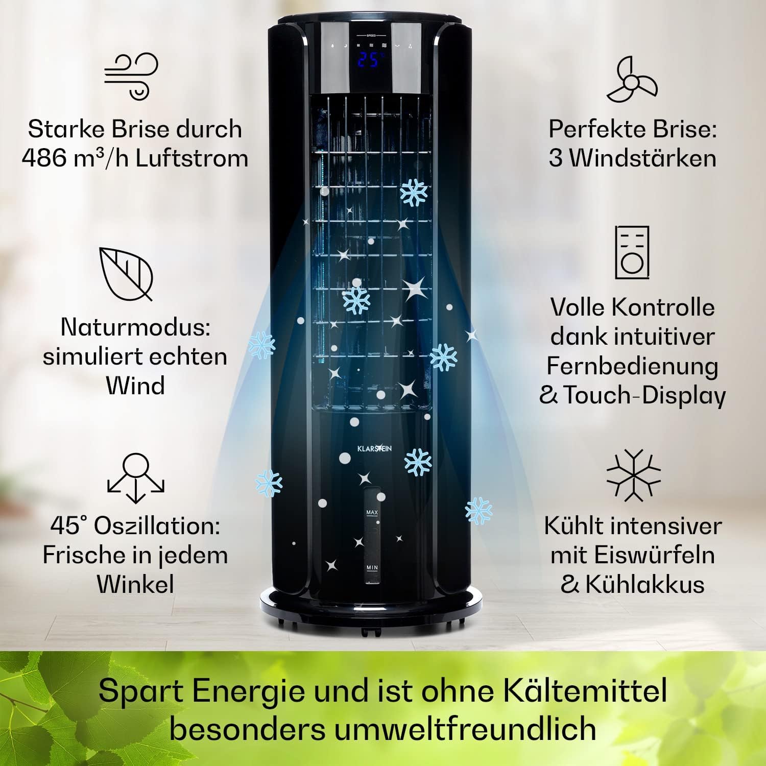 Klarstein Luftkühler mit Wasserkühlung, 4-in-1 Raumkühler, Luftbefeuchter, Ventilator & Nachtmodus, Mobile Klimageräte Luftkühler mit 3,5L Tank & Timer, 60W Air Cooler mit 486 m³/h Luftstrom