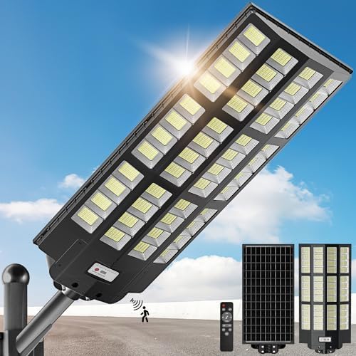 6000W Solarstrahler für außen mit Bewegungsmelder, 7000K Solar Wegeleuchte, IP66 Wasserdichte LED Solarlampen Strassenlaternen mit Fernbedienung für Hof Garten Parkplatz Straßen