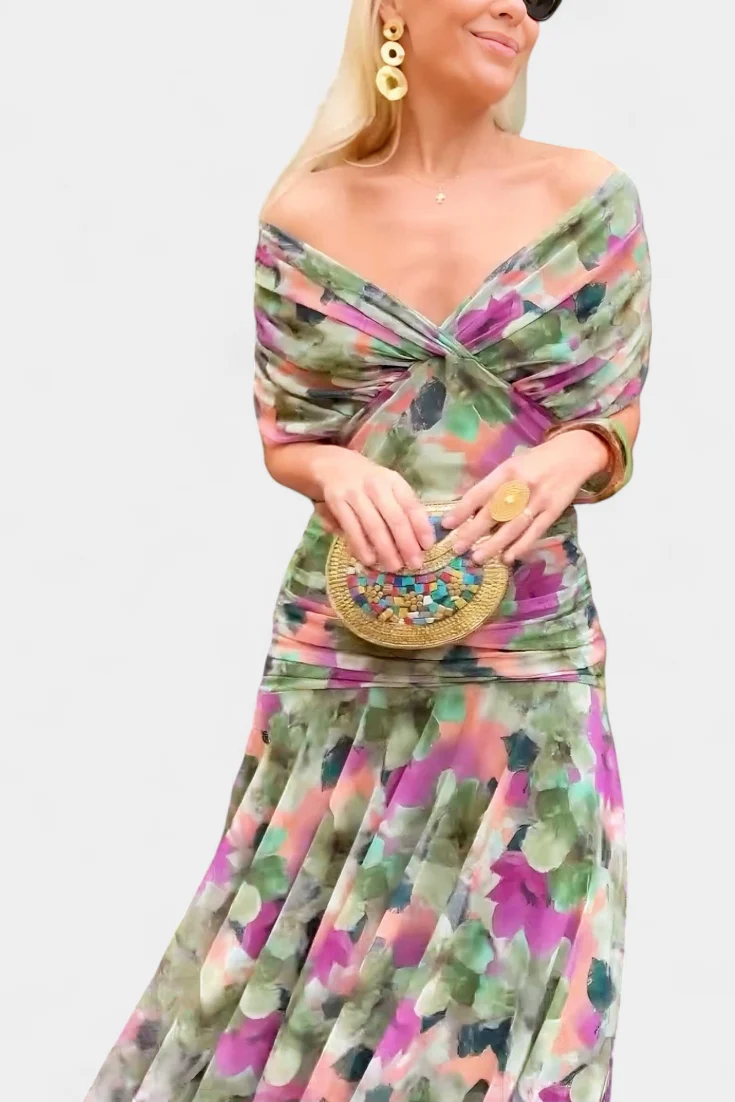 Schulterfreies gerafftes Maxikleid f��r Hochzeitsg?ste