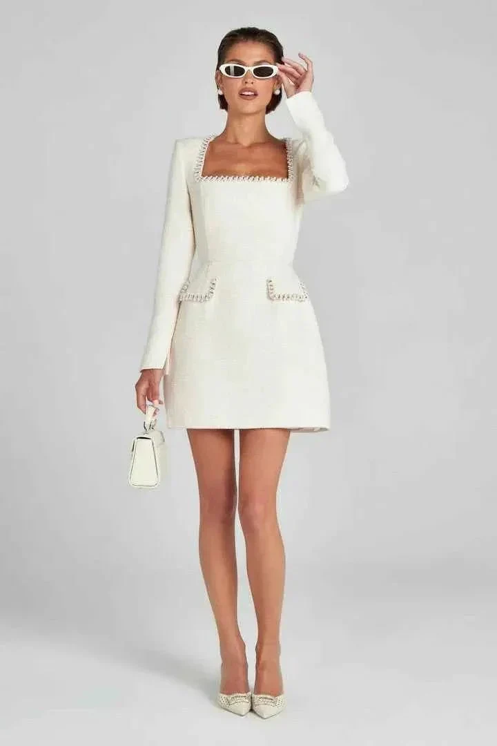 Langarm Tweed Minikleid f��r Damen mit Perlendetails und elegantem Schnitt