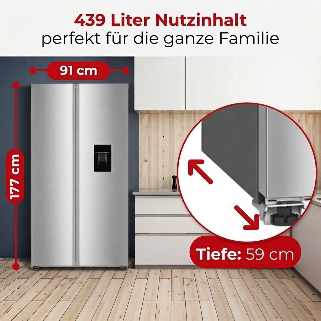 PKM SBS444EIXWD, Side by Side Kühl-Gefrierkombination, 439 L, 2-türig mit Wasserspender, Inox Design