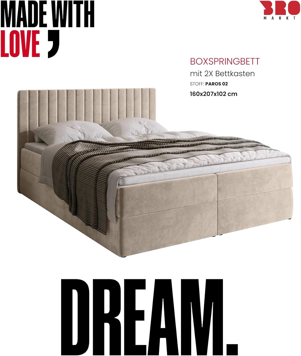BROMARKT Boxspringbett mit Bettkasten Polsterbett mit Bonell-Matratze und Topper Doppelbett mit Stauraum Bett für Schlafzimmer gepolstertes Kopfteil Dream 160x200 Härtegrad H3 Samtstoff Beige