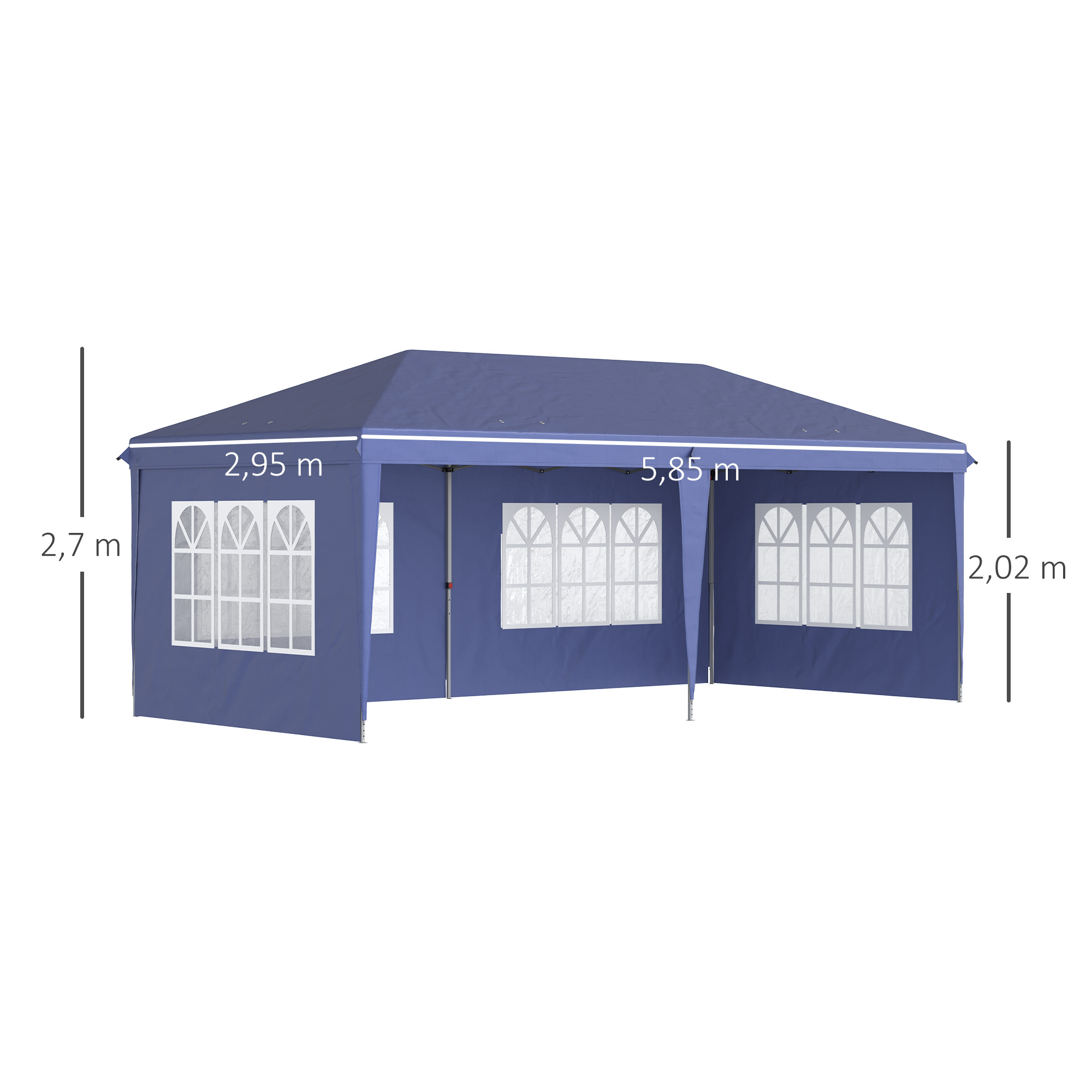 Opklapbare tuinpaviljoen van 6 x 3 m, halfopen, verwijderbare zijwanden, grote ramen, draagtas, stalen frame, blauw