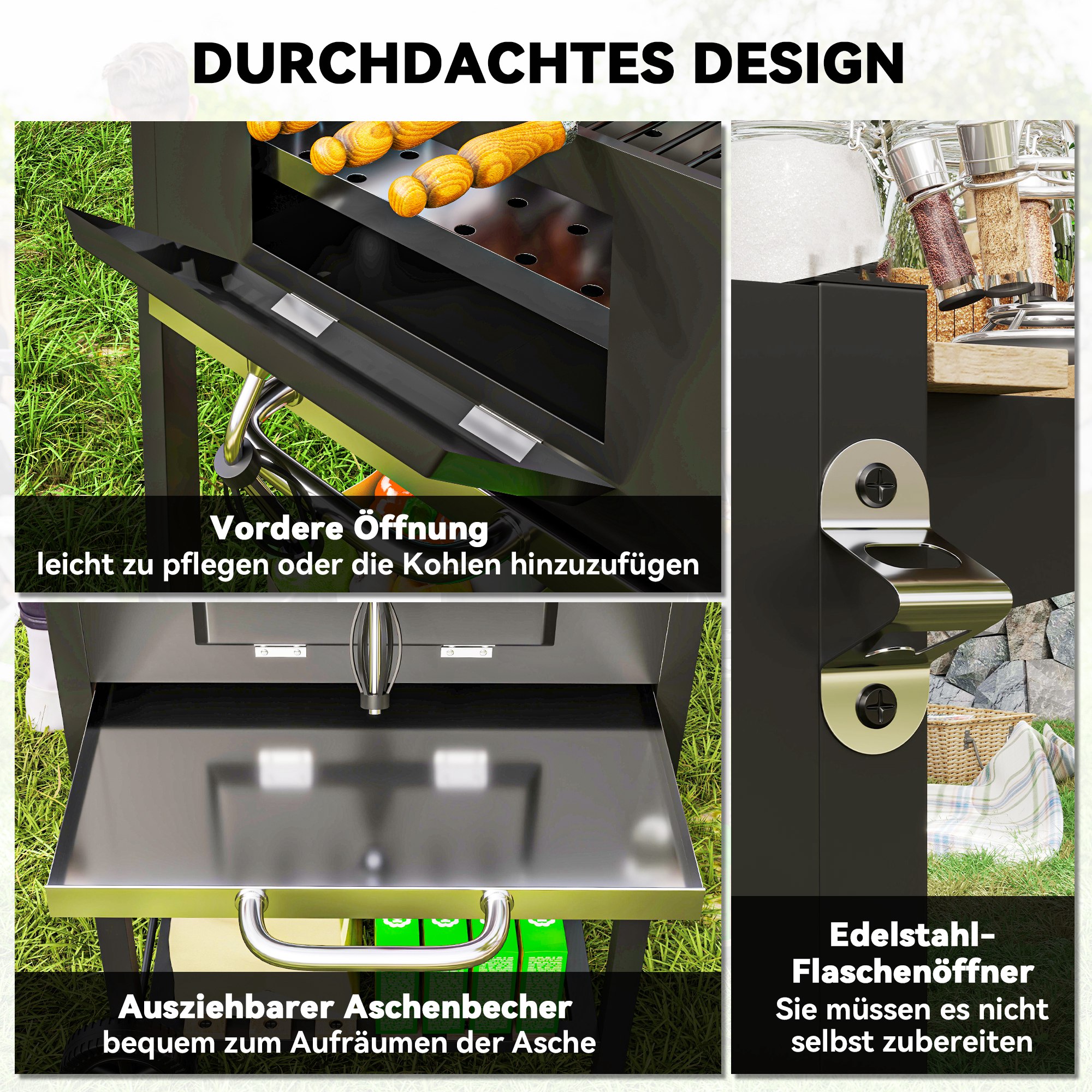 Houtskoolgrill met verstelbare kolenbak, grillwagen, planken, thermometer, flesopener, staal, hout, zwart
