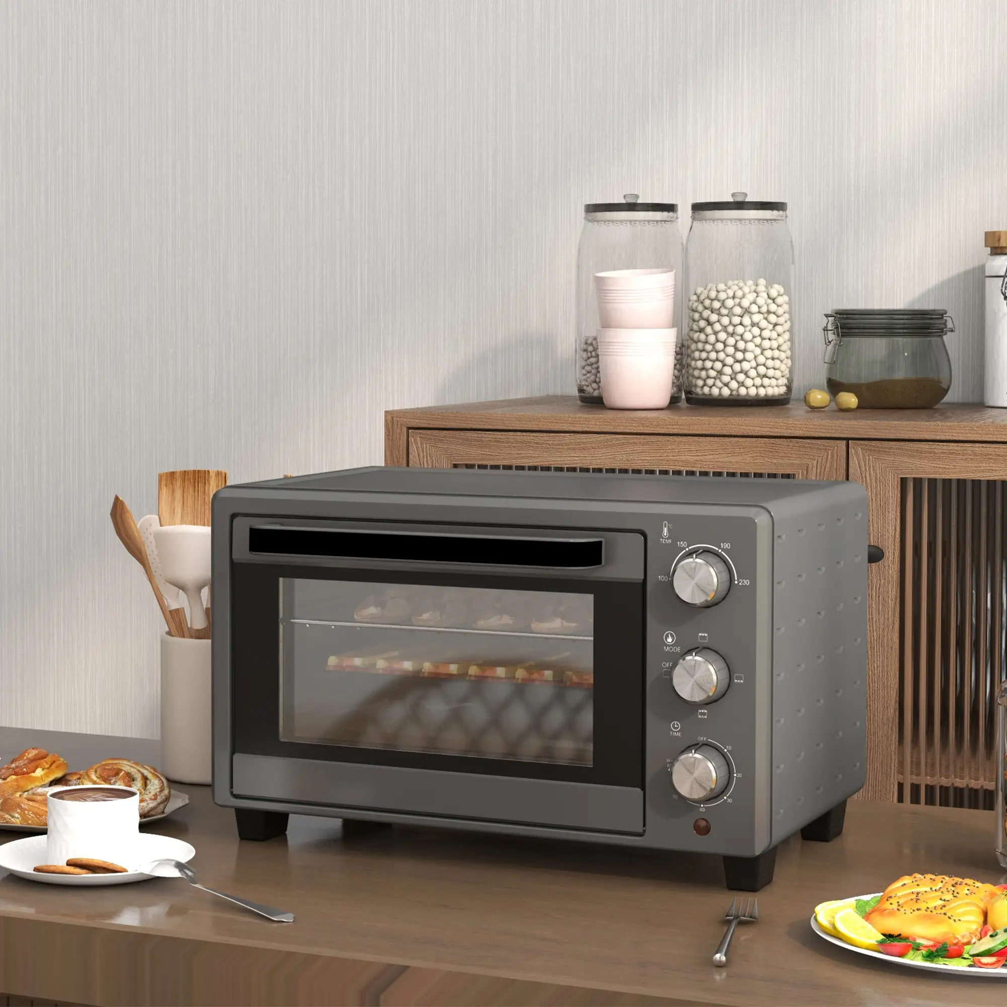 HOMCOM Mini-oven veelzijdig koken precieze temperatuurregeling roestvrij staal