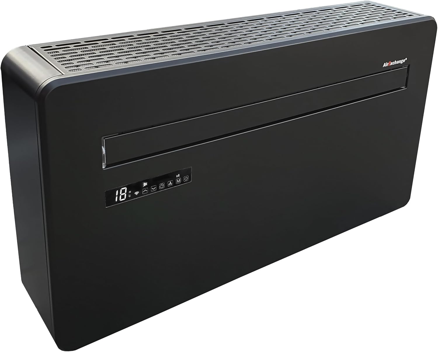 AirExchange - Wand-Monoblock-Klimaanlage-Wärmepumpe-INVERTER, 4-in-1 Klimaanlage ohne Außengerät, Heizen, Kühlen, Entfeuchten, Reinigen, 12.000 BTU, bis 80 m², R290, SCHWARZ
