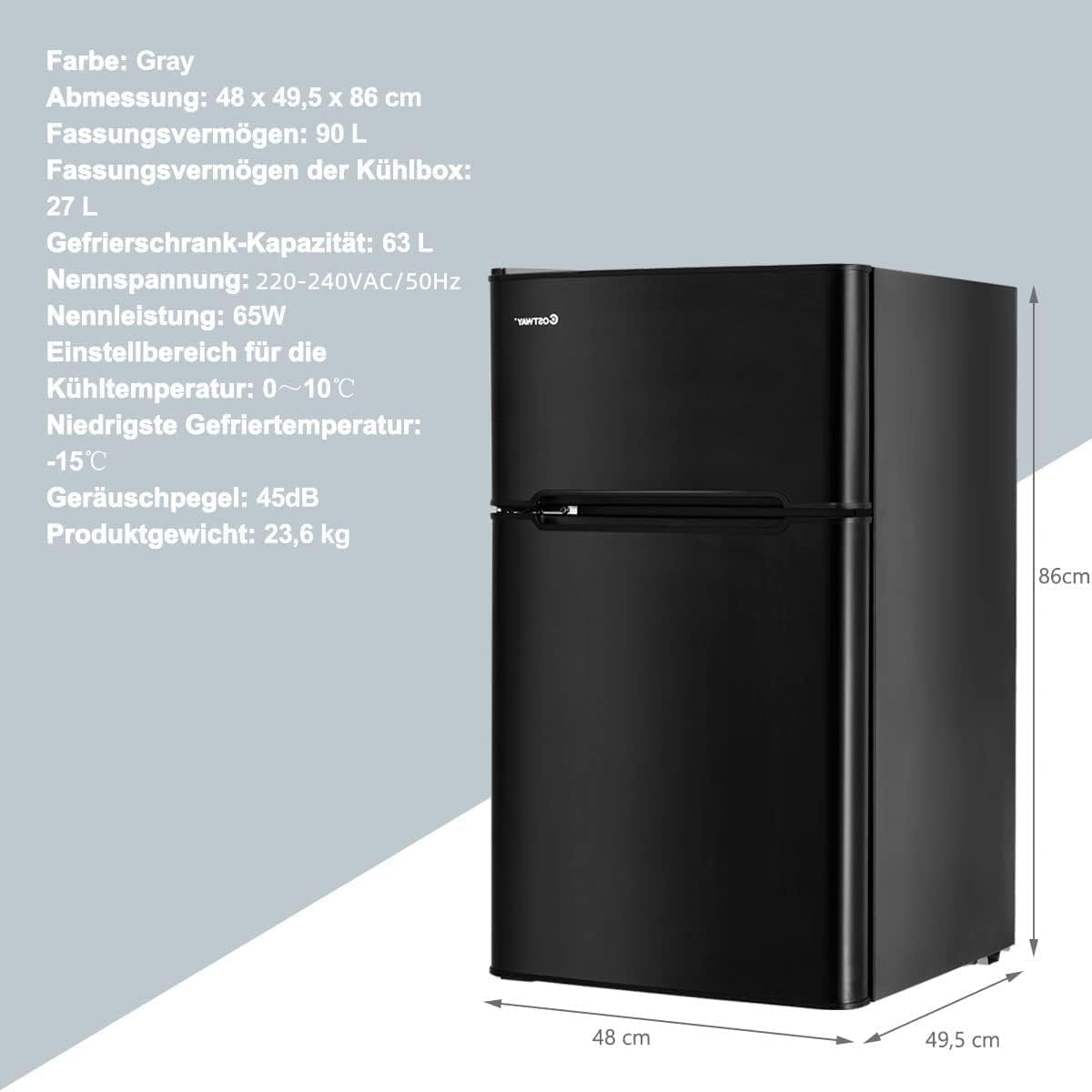 RELAX4LIFE Minikühlschrank 90L, Kühlschrank mit 27L Gefrierfach, Gefrierschrank mit Temperaturregelung, Kühl-Gefrier-Kombination mit Türablage & Höhenverstellbaren Füßen (Black)