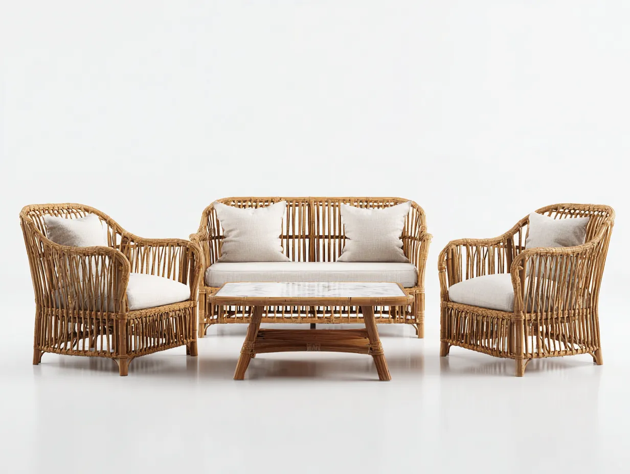 Garten Lounge Set-Rattan-Holz-156 x 78 x 86 cm-Natur-Beige-Boho Gartenstil