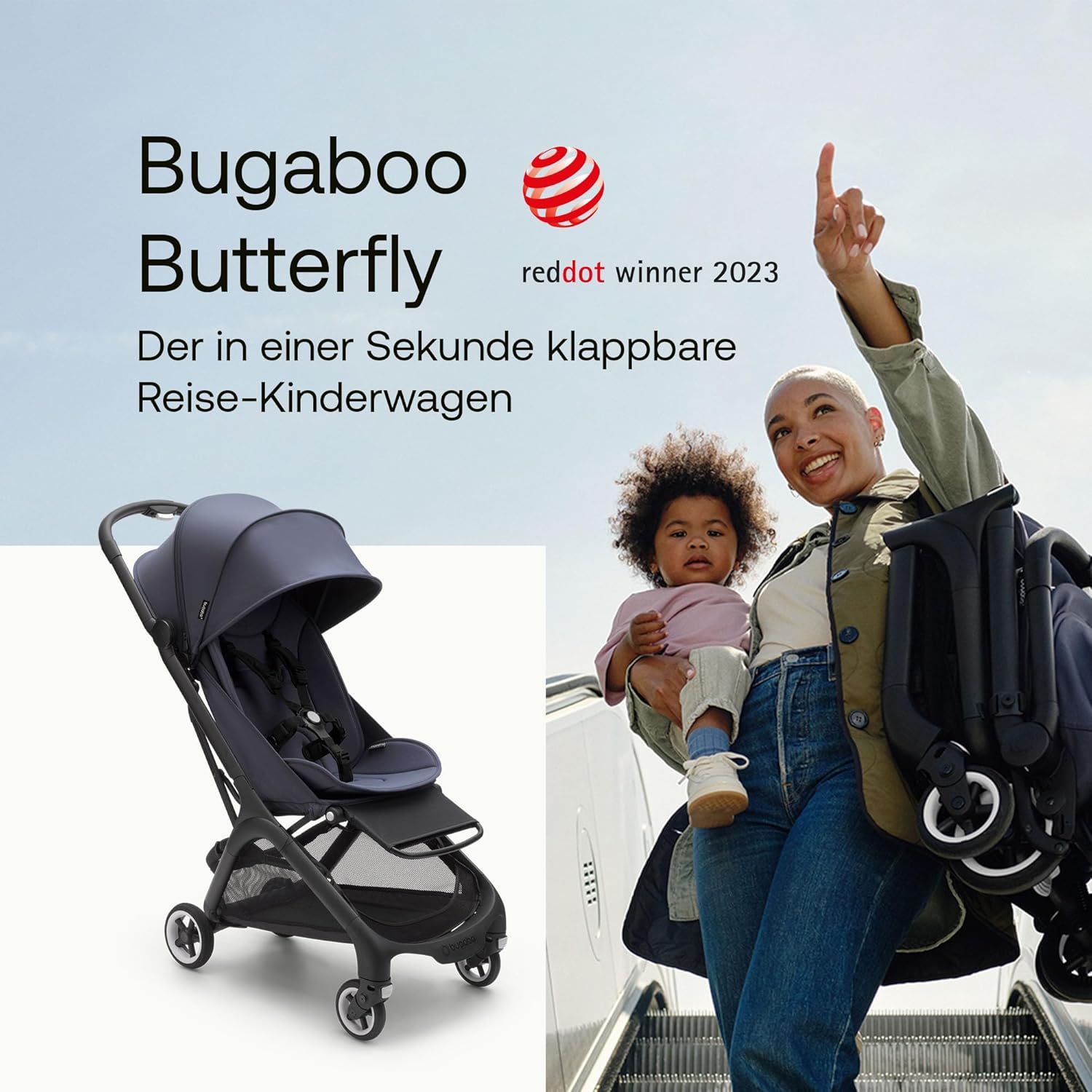 Bugaboo Butterfly ultrakompakter Reise-Kinderwagen, klein & leicht, einhändig faltbar und einfach zu lenken, ergonomischer City-Buggy für Babys ab 6 Monaten, mit viel Stauraum, Stormy Blue