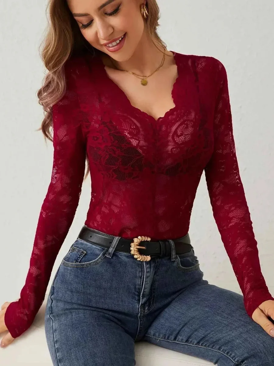 Transparentes Spitzen Langarm Top f��r Damen mit Herz Ausschnitt